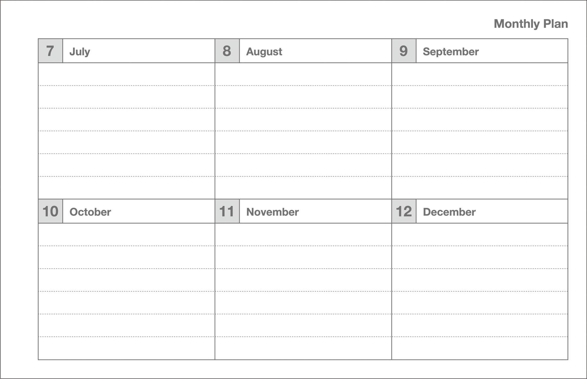Blank monthly calendar grid with labels for July to December.