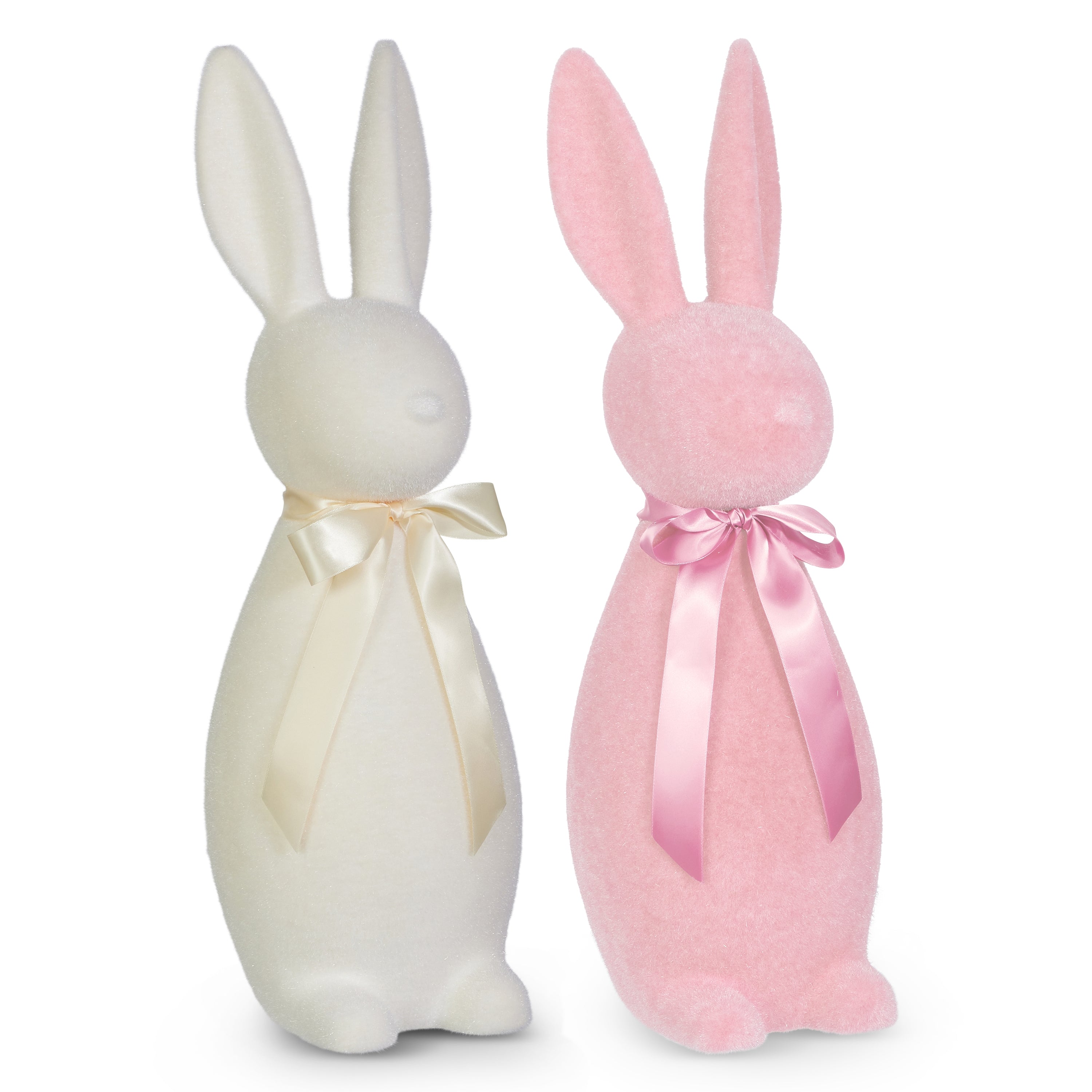 Two decorative bunny figures, one white and one pink, with ribbons on a white background.