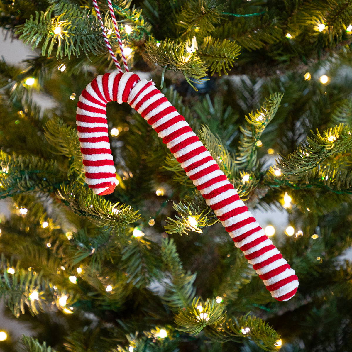 A red and white striped candy cane Christmas ornament hanging from a green Christmas tree with warm white lights.