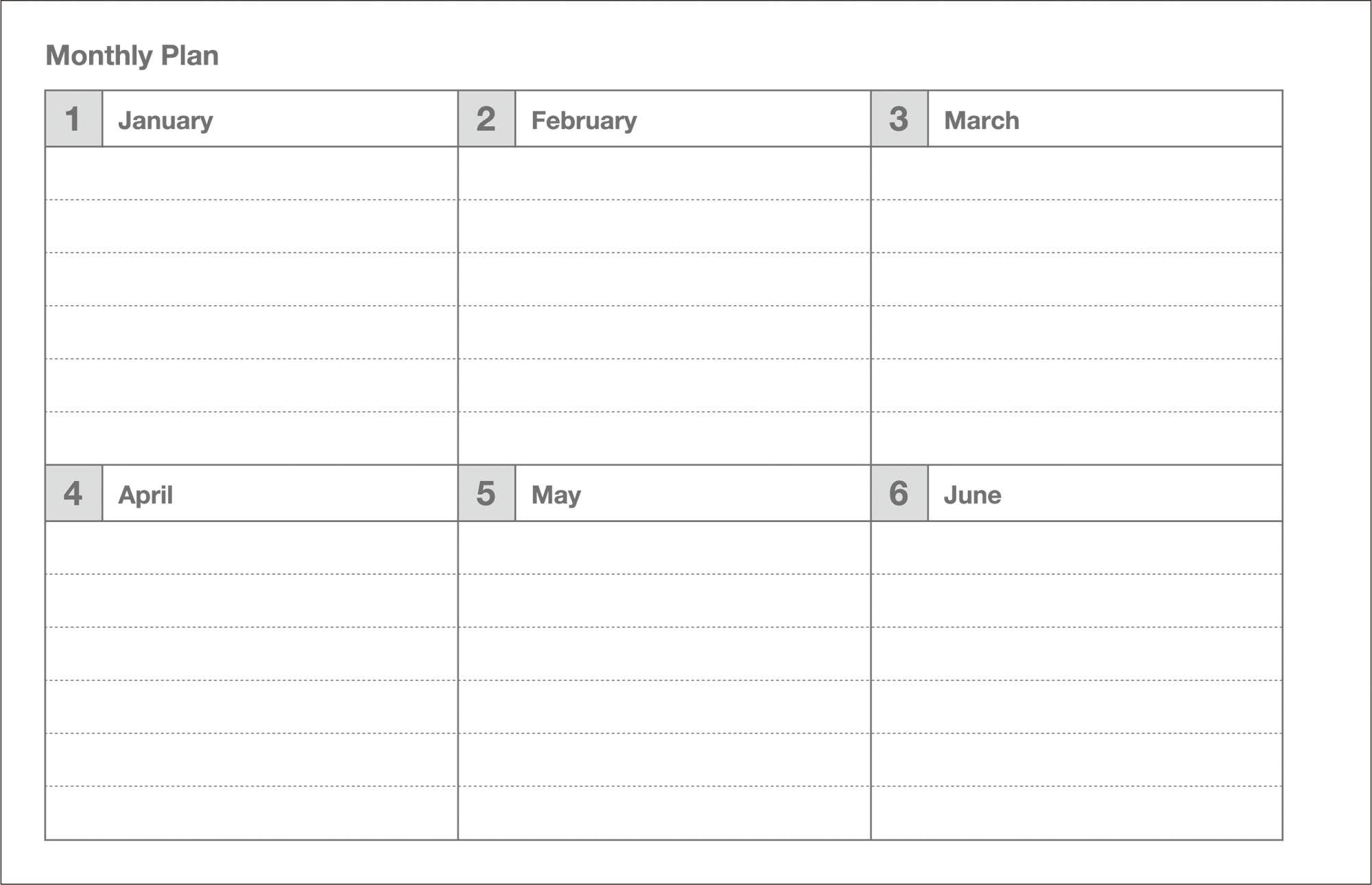Blank monthly plan calendar with spaces for January to June.
