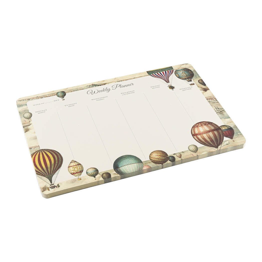 Weekly planner with hot air balloon design on a white background