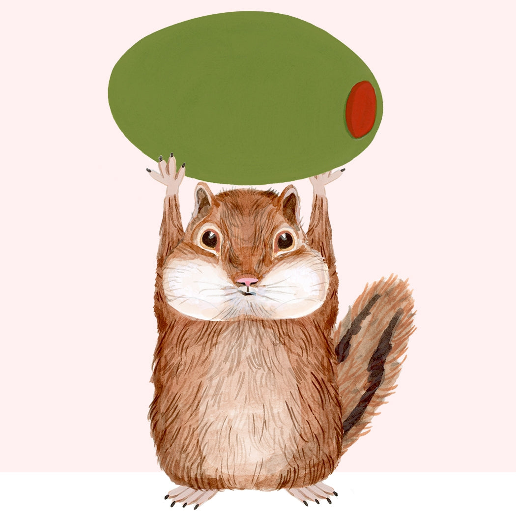 Greeting card by Dear Hancock with an illustration of a chipmunk holding up an olive with "Olive the chip out of you" printed on the bottom.