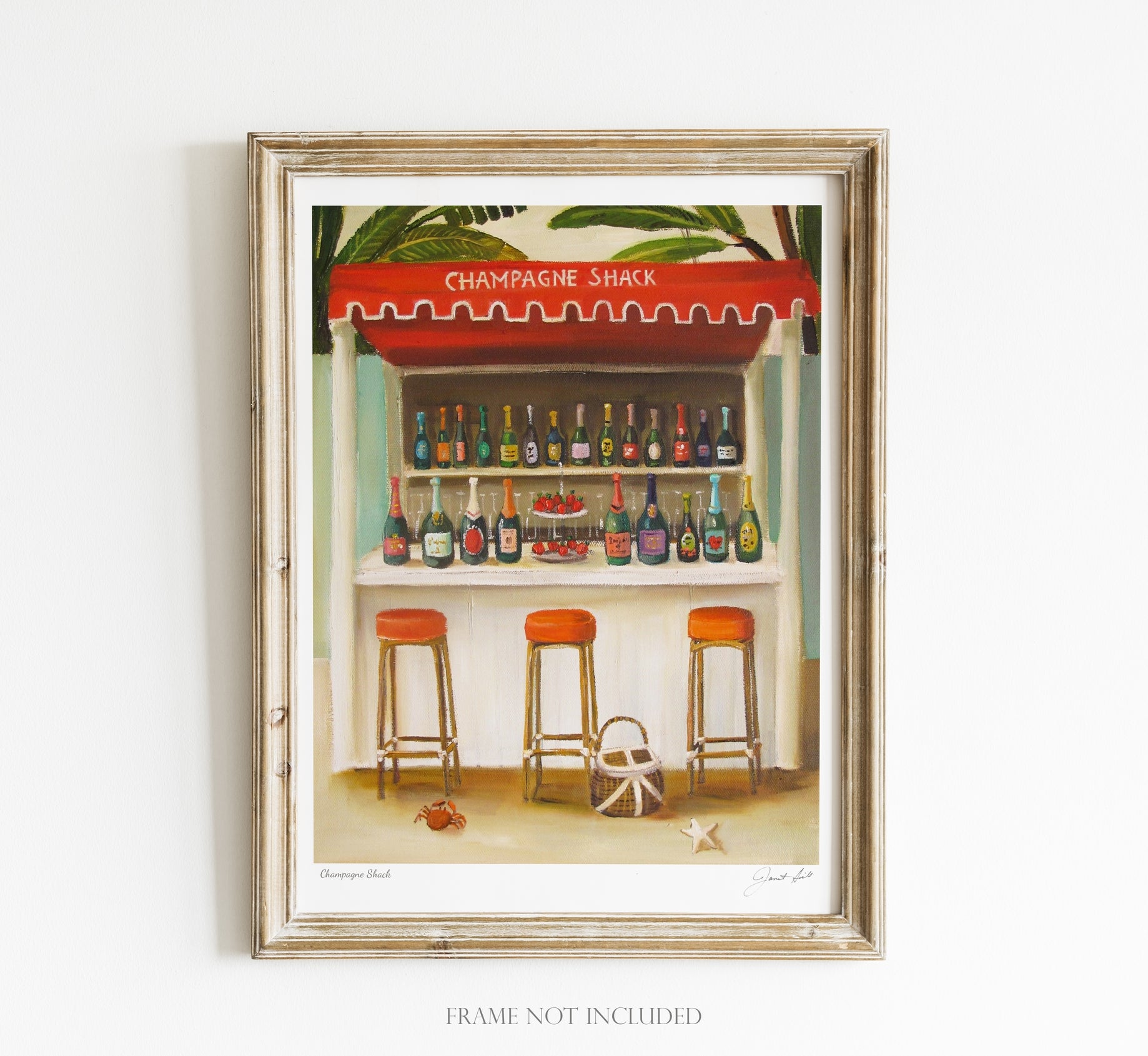 A small art print featuring a colorful illustration of a champagne stand with bottles and bar stools, set against a white background.