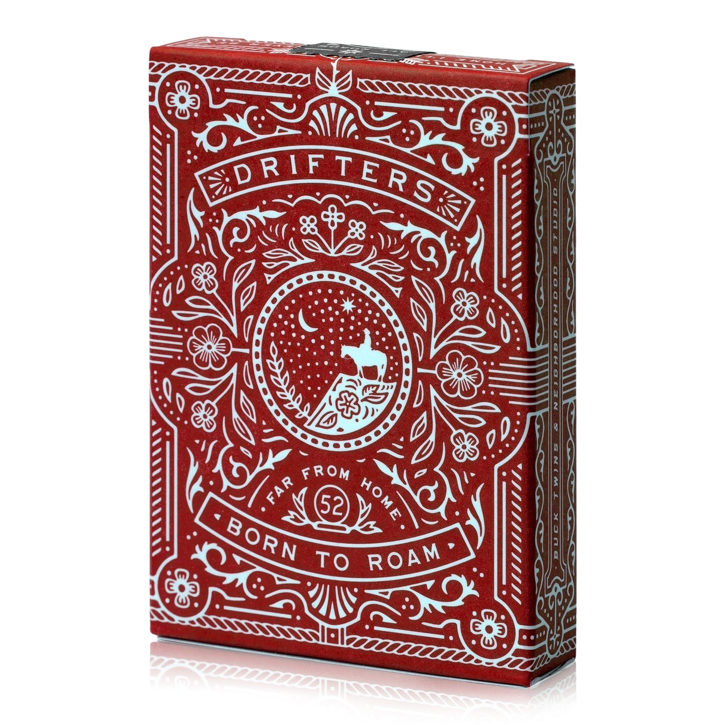 Red and white playing card box with decorative design and text on a white background