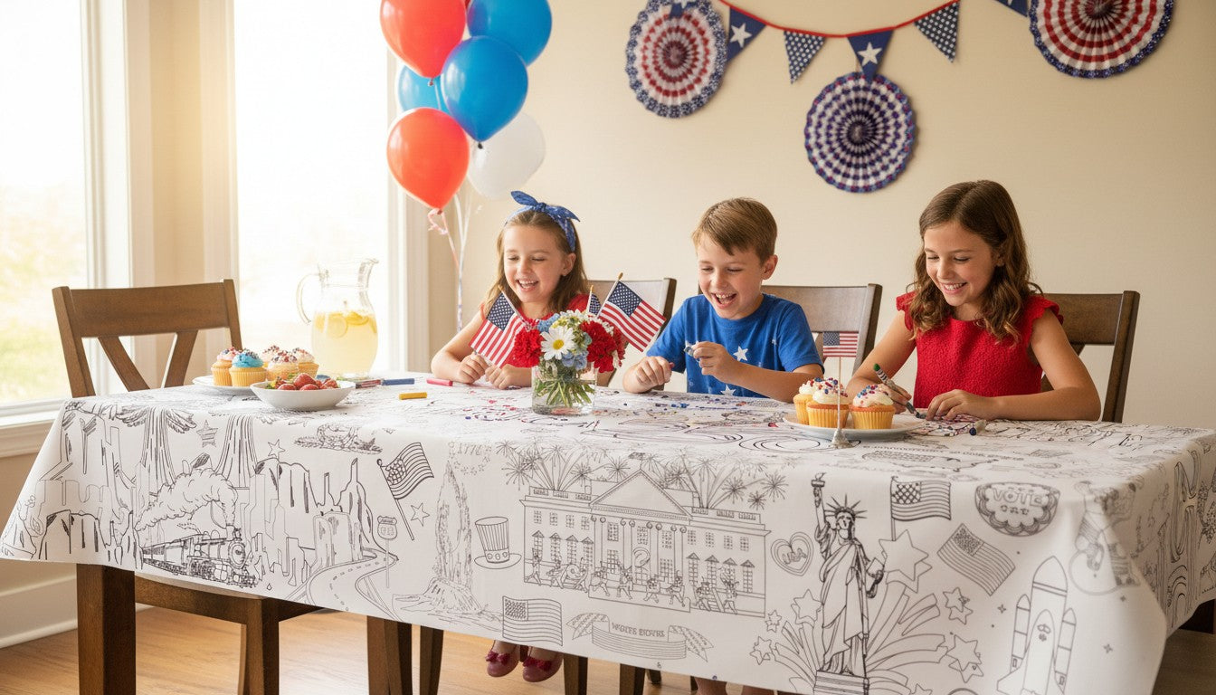 Children at a table with a patriotic theme, including balloons and flags.