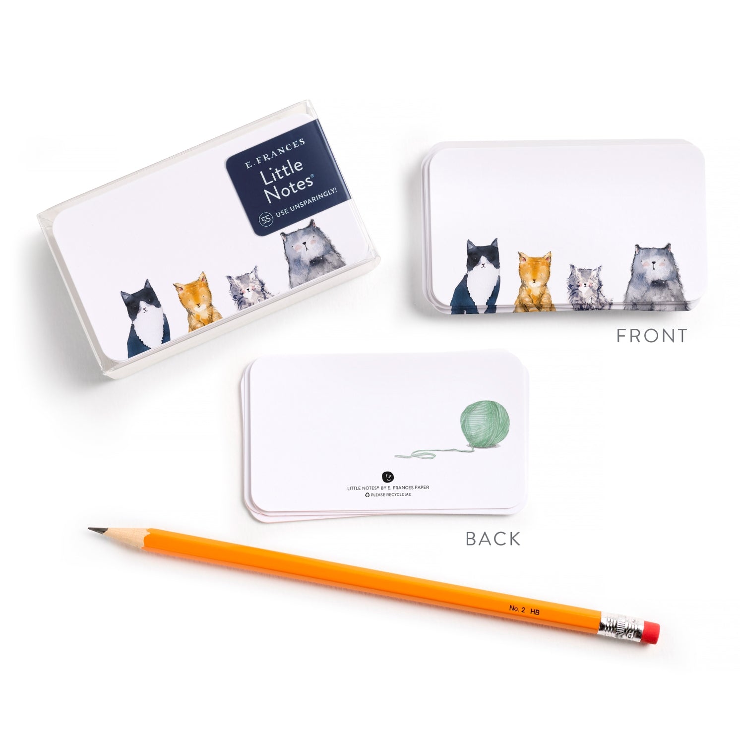 Little Notes with cat illustrations, pencil, and tin packaging on a white background.