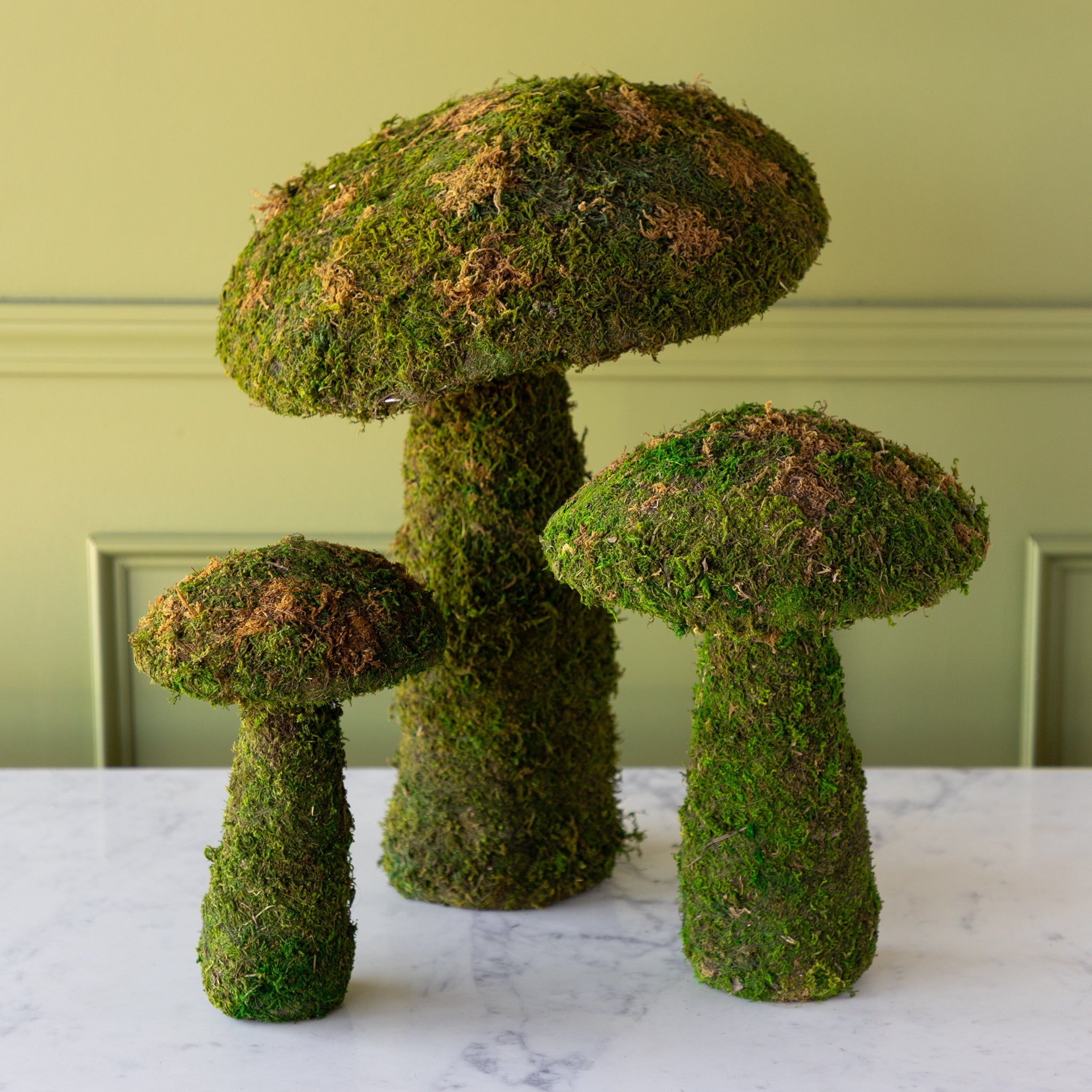 Three moss-covered mushroom planters on a marble surface with a green wall background.