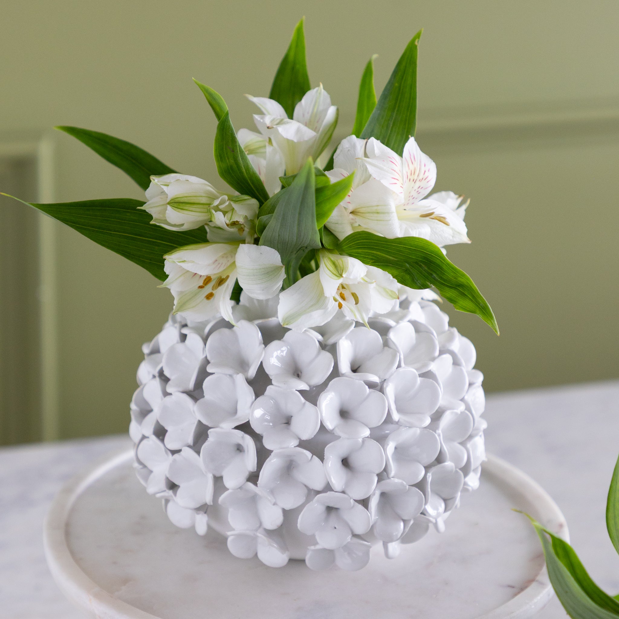 White floral-patterned vase with white flowers on a light surface against a green wall.