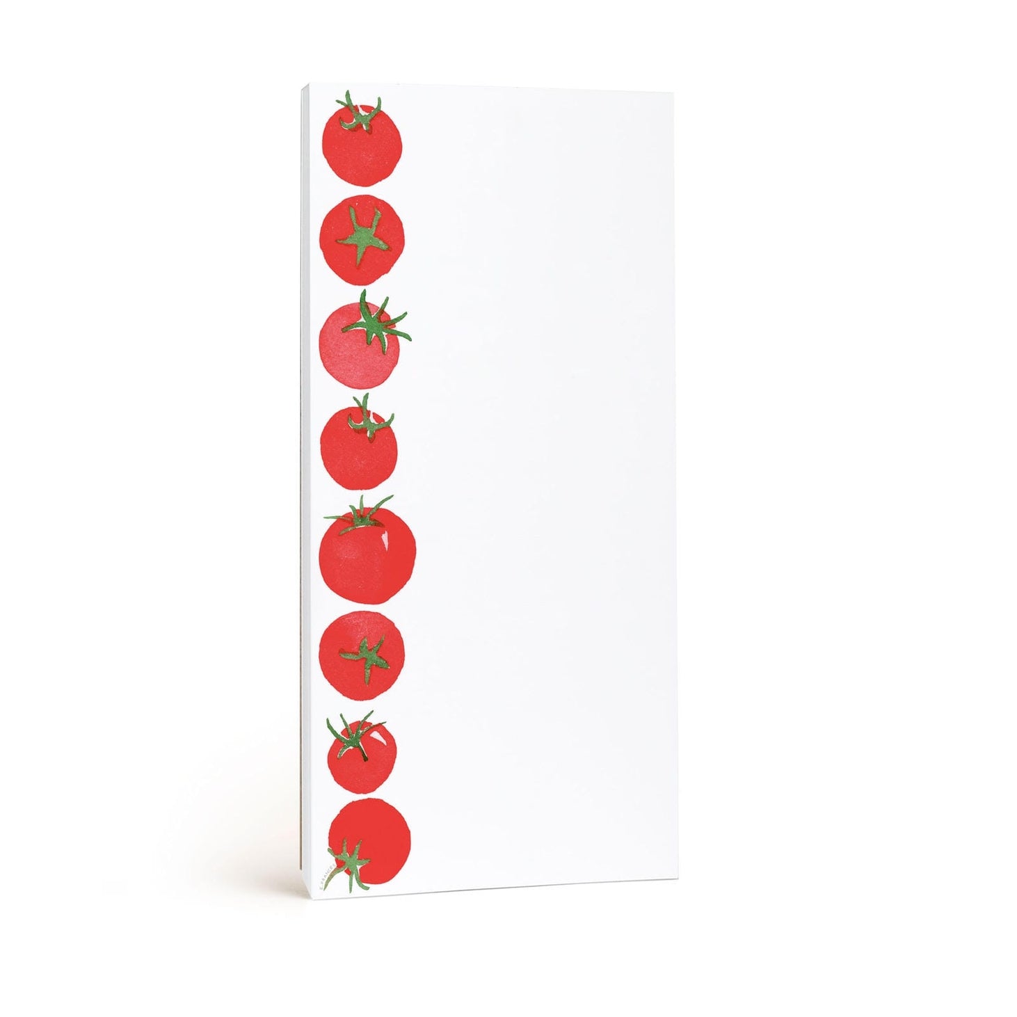 Notepad with red tomato illustrations on a white background.