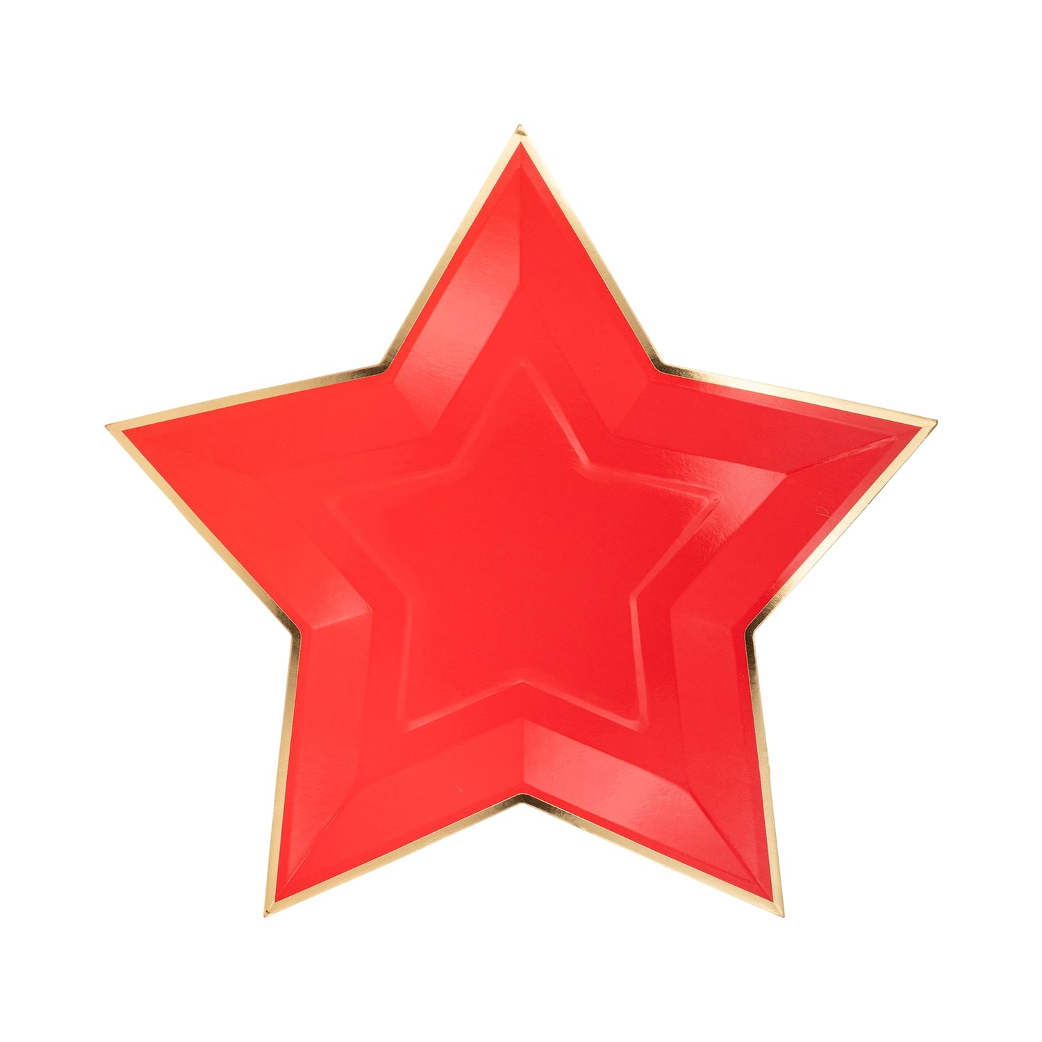 Red star shaped paper plate with gold foil rim on a white background.