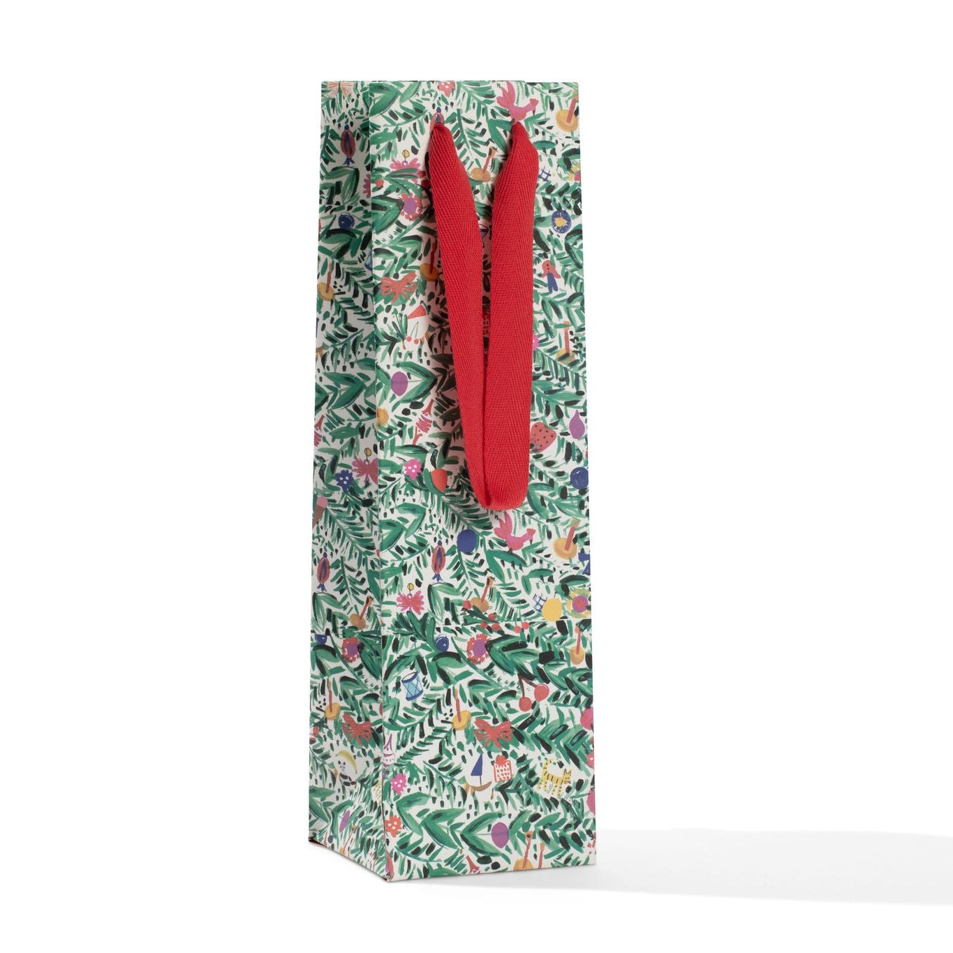 A tall gift bag with a floral pattern on a green background and red ribbon handles.