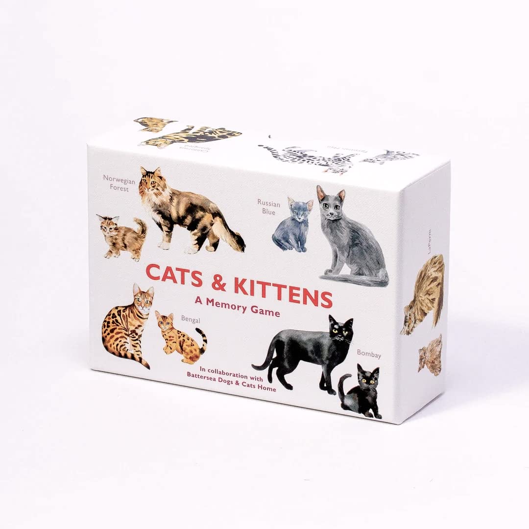 A memory game titled "Cats & Kittens: A Memory Game" featuring illustrations of various cat breeds such as Norwegian Forest, Russian Blue, Bengal, and Bombay. This educational game is designed to enhance memory skills while introducing players.
Brand Name: Chronicle Books