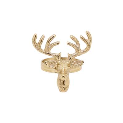 A golden reindeer napkin ring on a white background.