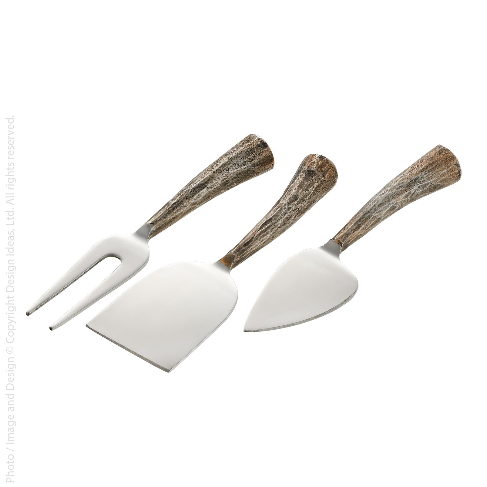 Three cheese knives with white metal blades and textured brown antler handles, arranged diagonally on a white background.