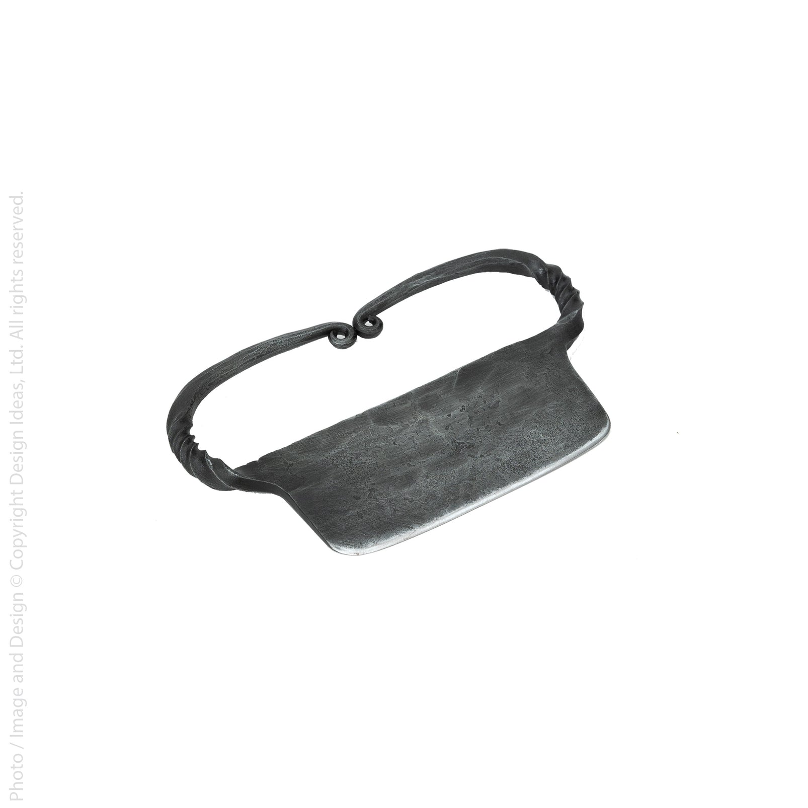 A metal cheese cleaver on a white background