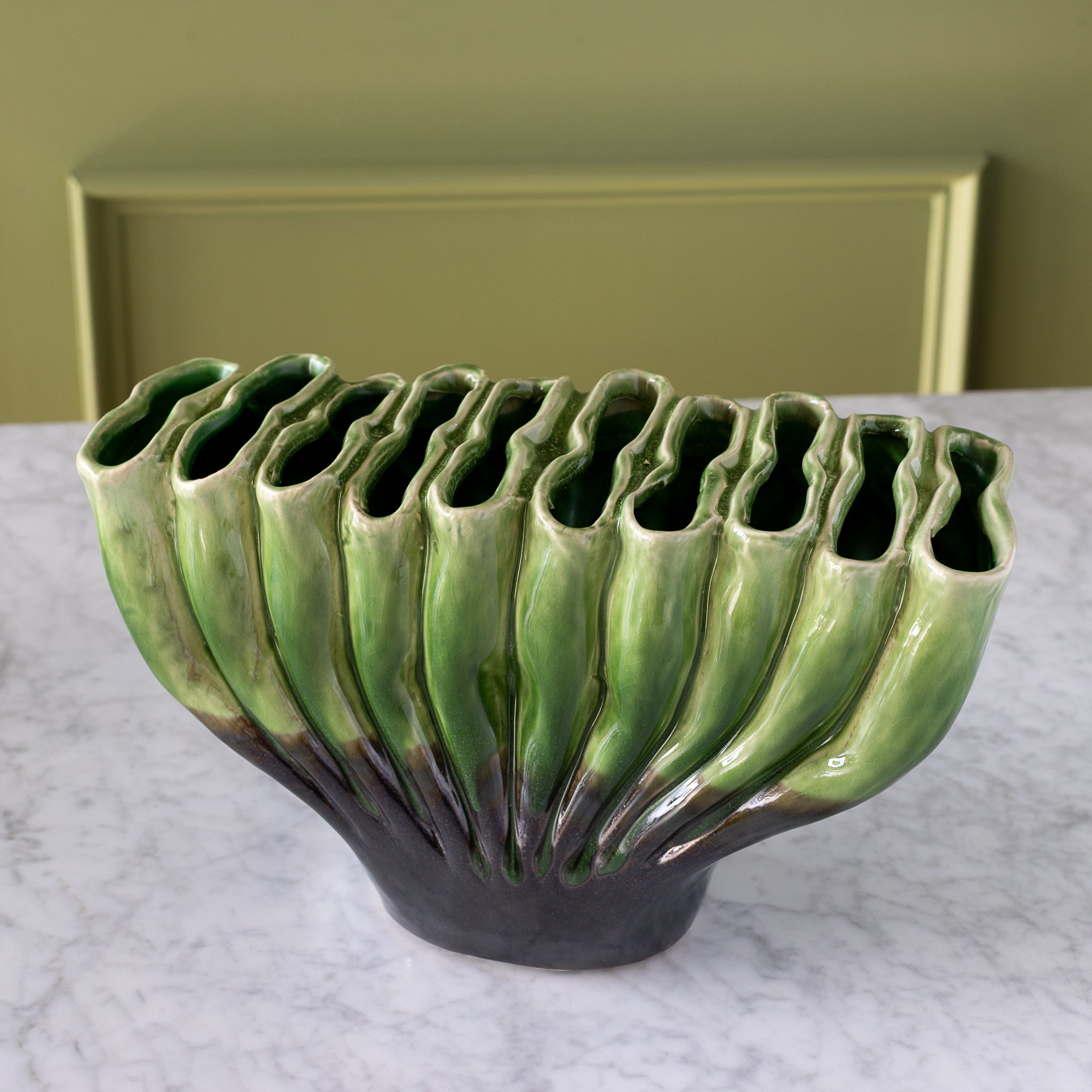 10-hole Ceramic Fakir Green Vase.