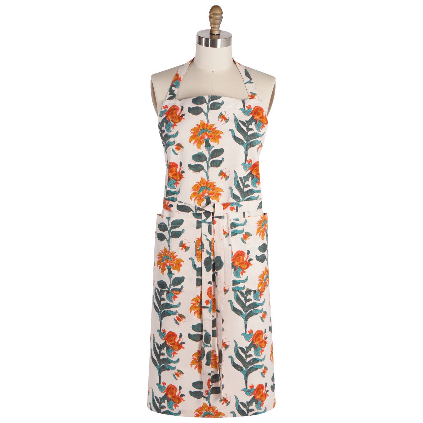 Apron with marigold flower print all over it.