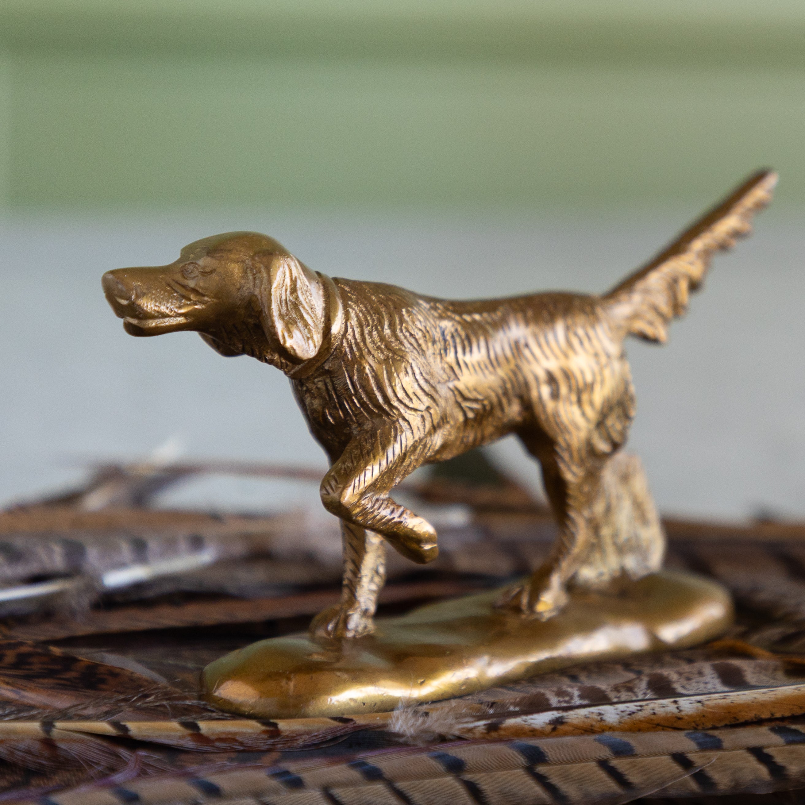 A small metallic dog figurine in a warm gold or brass finish, posed standing on an irregular base. The figurine is photographed close up with a softly blurred neutral background and decorative feathers beneath it.