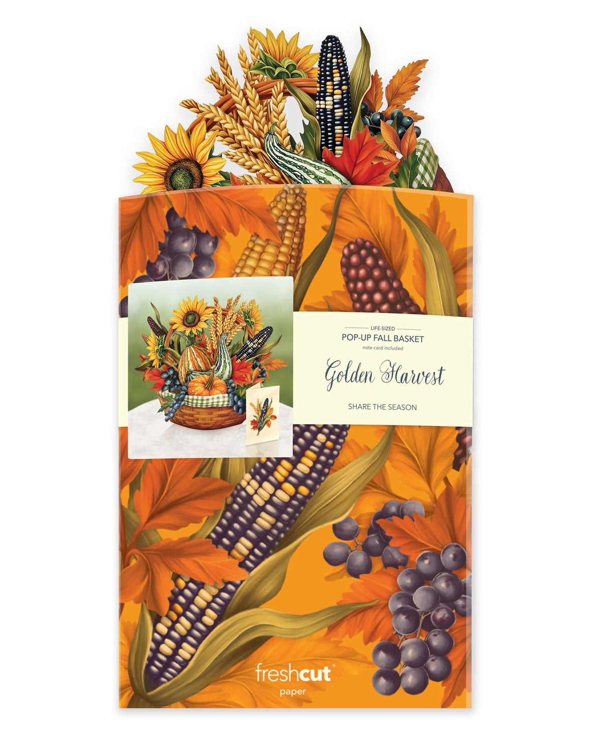 Pop-up Golden Harvest packaging, featuring artwork of corn, sunflowers, and grapes on an orange background.