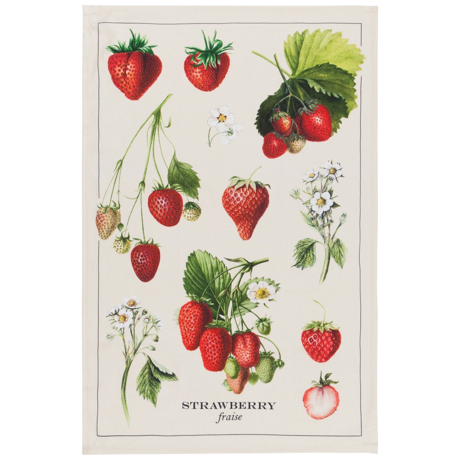 Tea towel with strawberry illustrations on a white background.