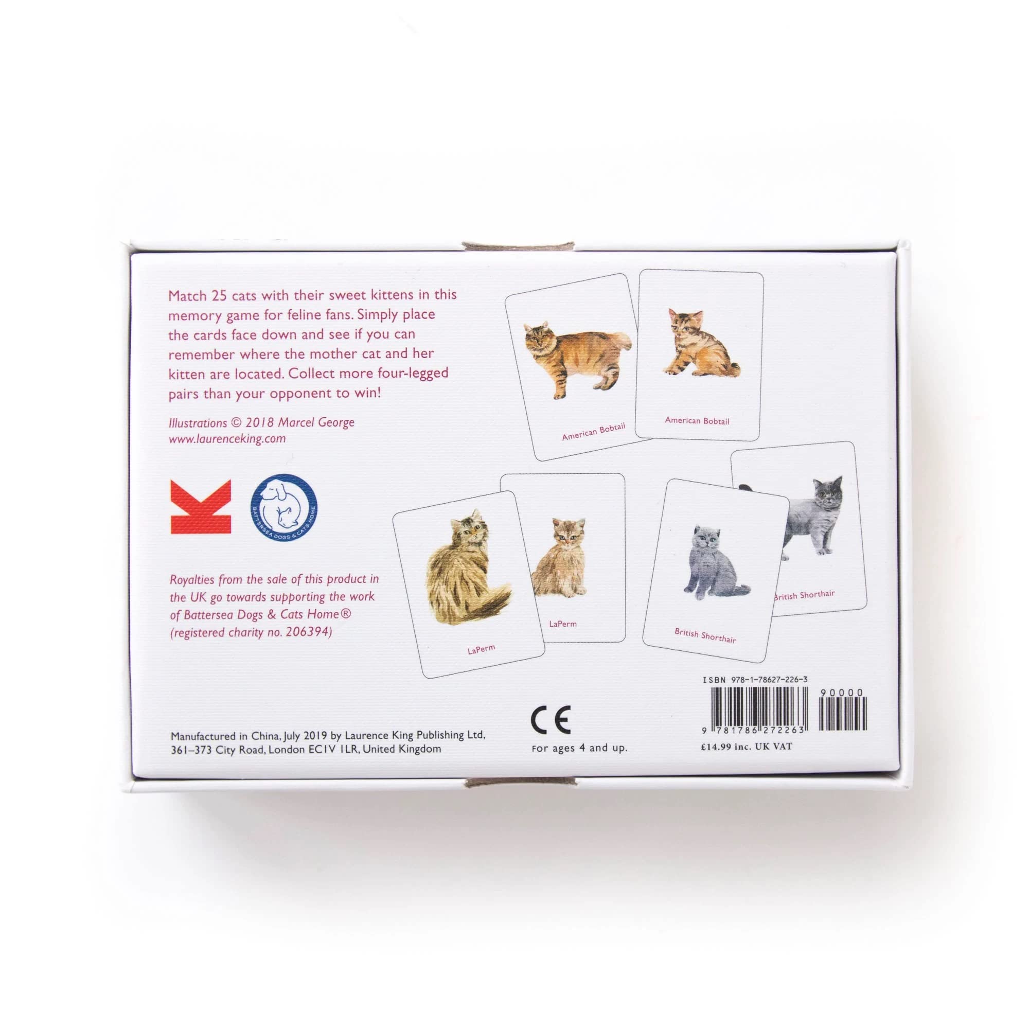 A memory game titled "Cats & Kittens: A Memory Game" featuring illustrations of various cat breeds such as Norwegian Forest, Russian Blue, Bengal, and Bombay. This educational game is designed to enhance memory skills while introducing players.
Brand Name: Chronicle Books