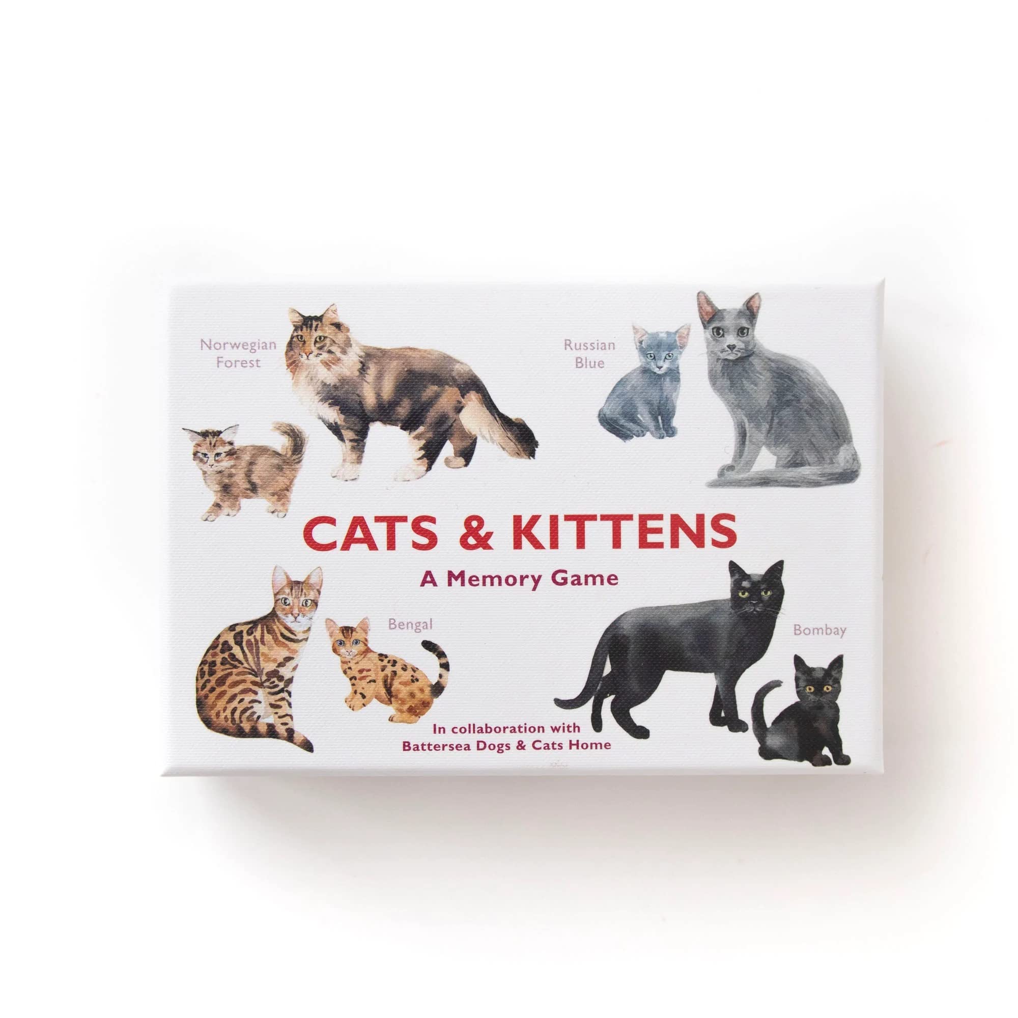 A memory game titled "Cats & Kittens: A Memory Game" featuring illustrations of various cat breeds such as Norwegian Forest, Russian Blue, Bengal, and Bombay. This educational game is designed to enhance memory skills while introducing players.
Brand Name: Chronicle Books