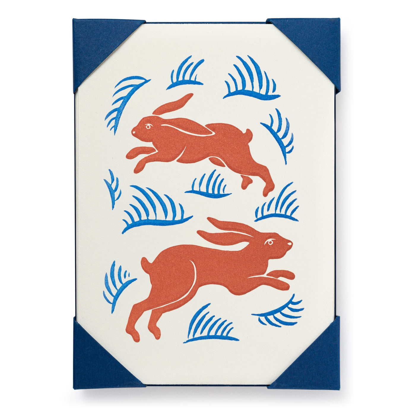 Card with red rabbit illustrations on a white background.