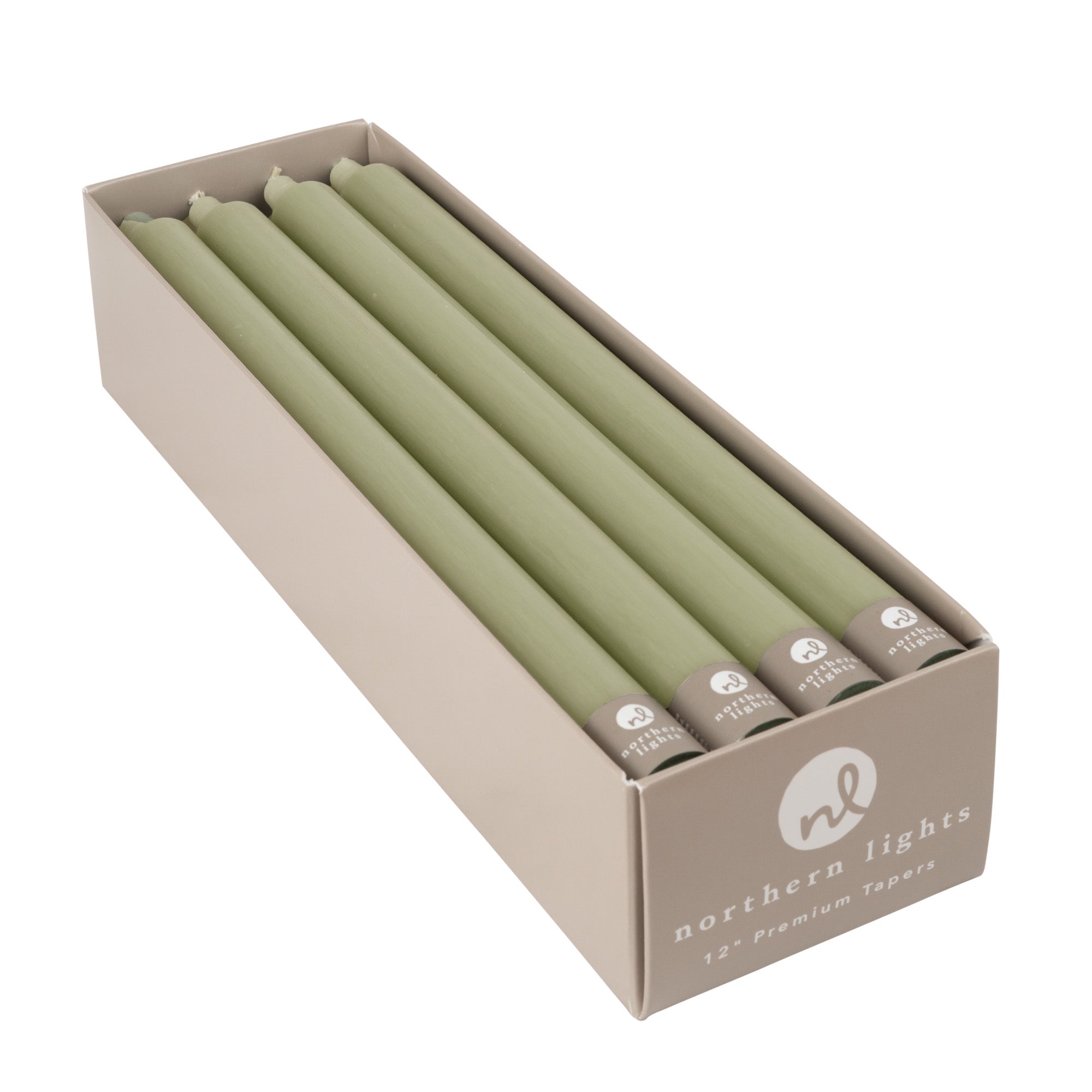A box of sage green 12 inch taper candles made by Northern Lights.