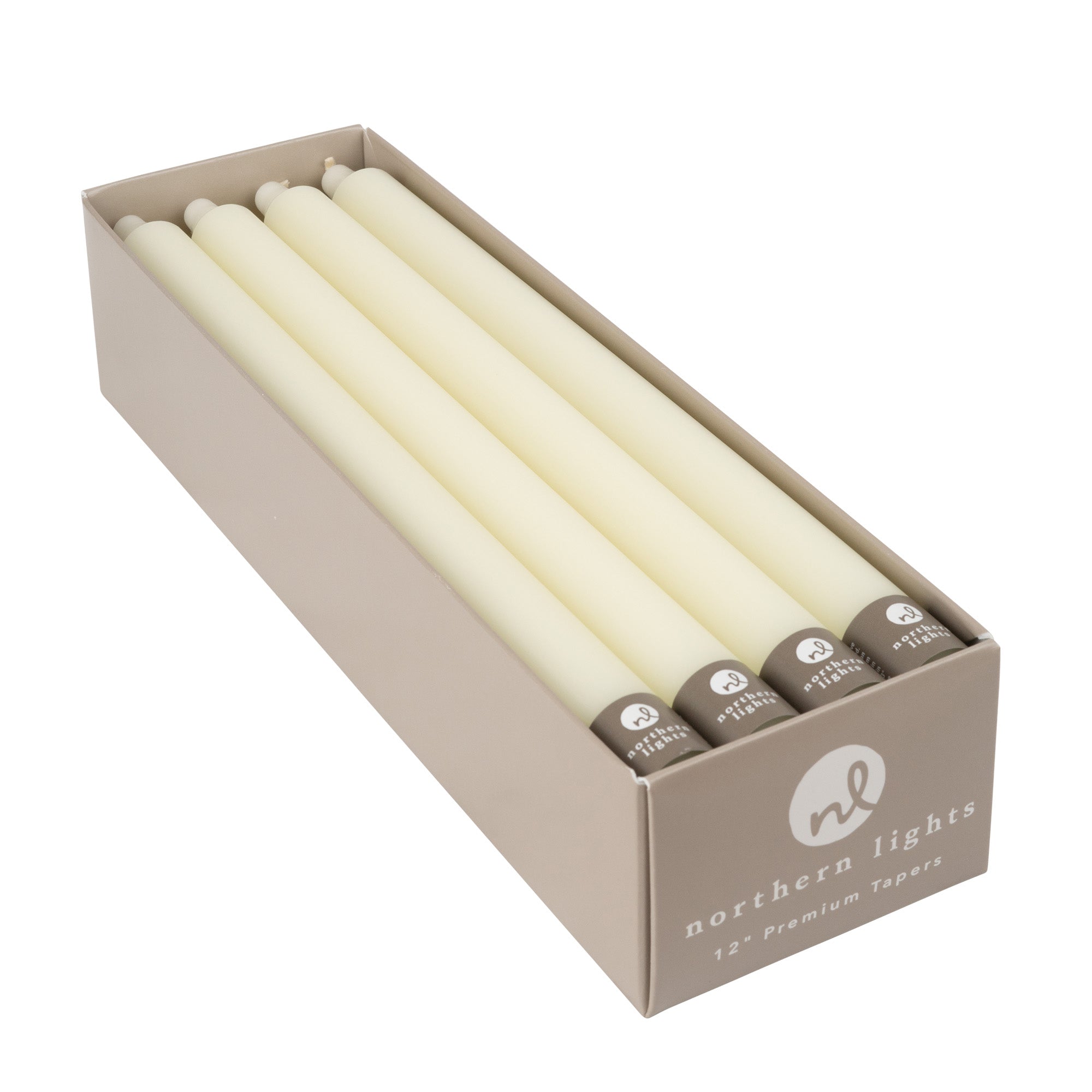 A box of ivory taper candles by Northern Lights.
