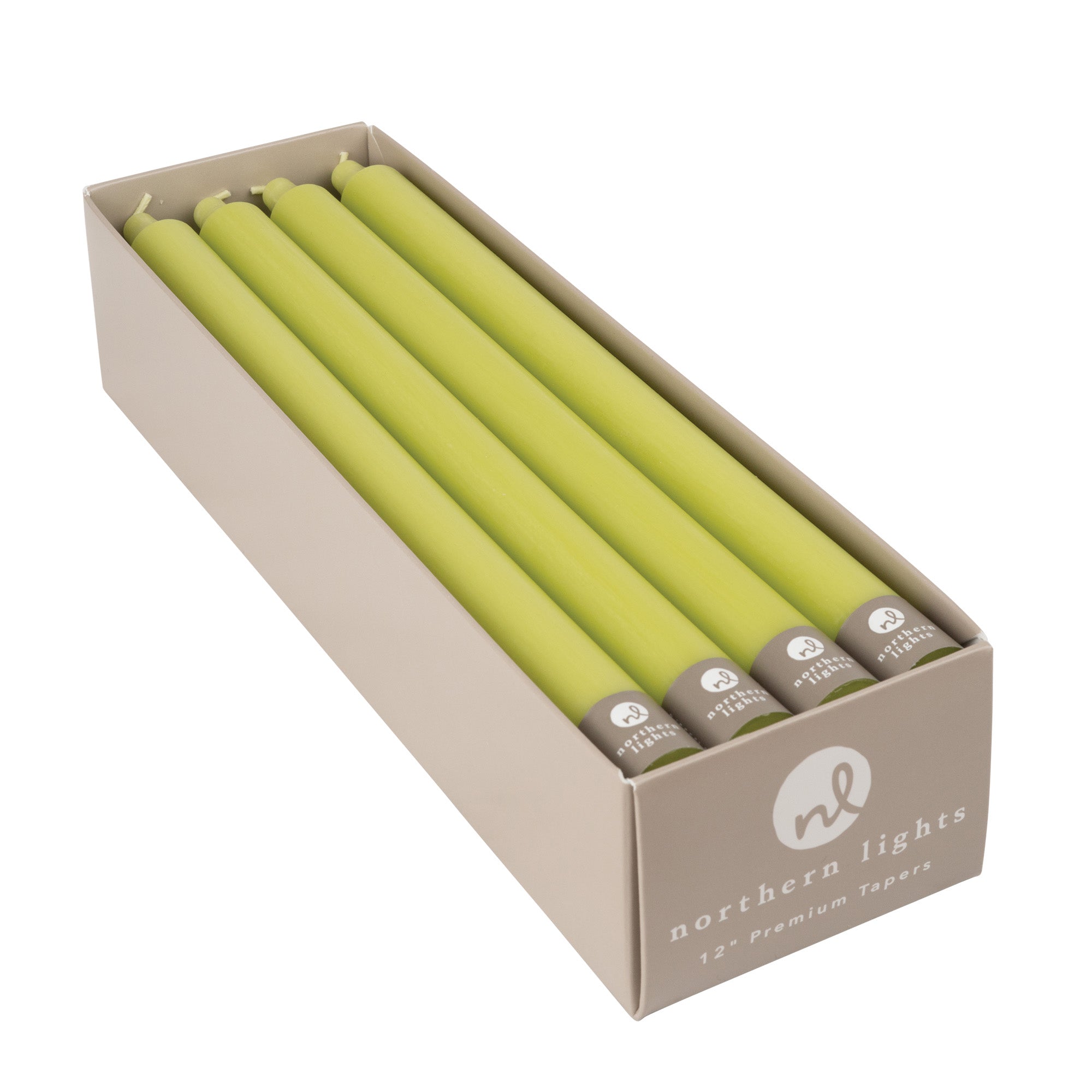 A box of Northern Lights New Leaf 12" Taper Candles with a box of candles for a table setting.