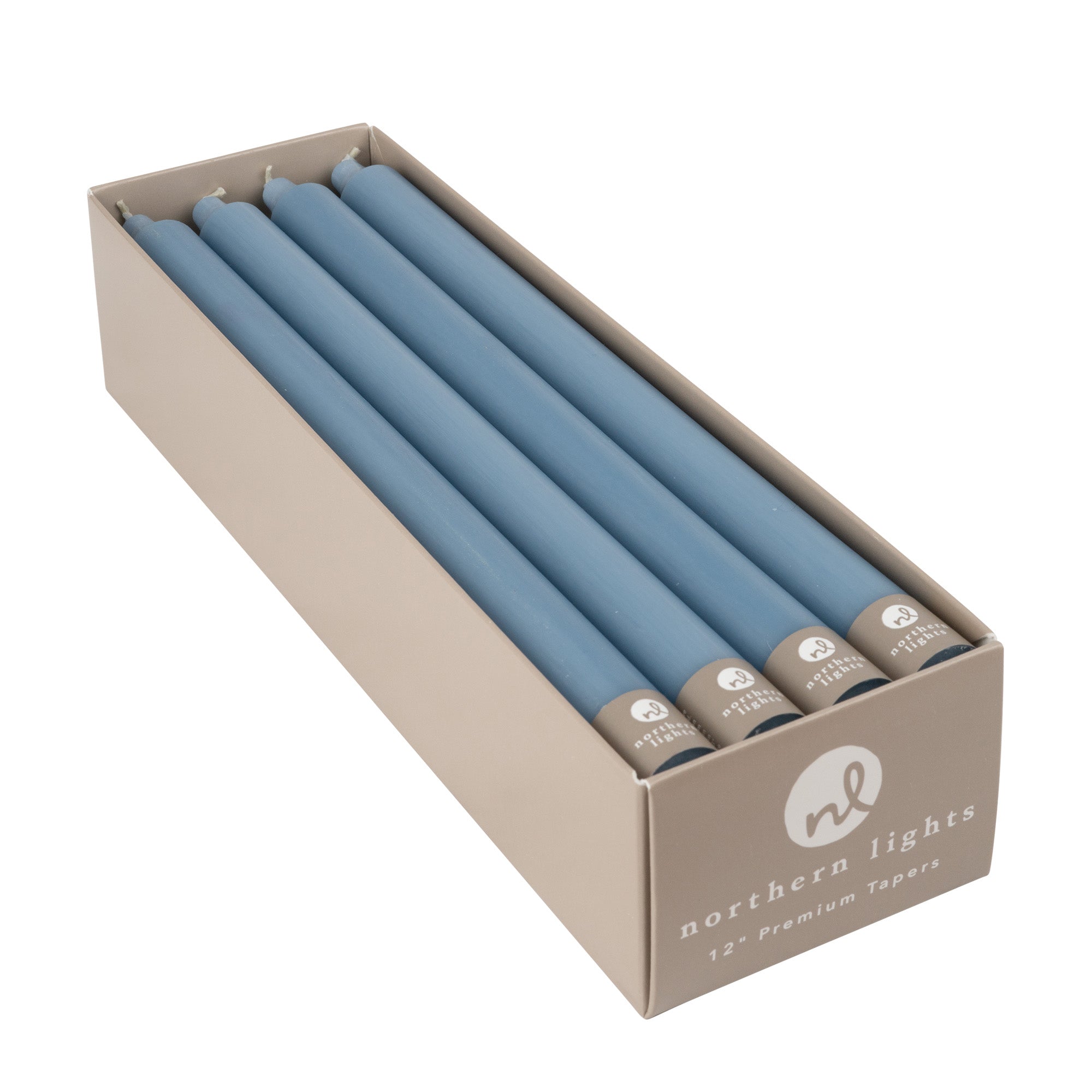 Box of Northern Lights Prairie Blue 12" premium taper candles.