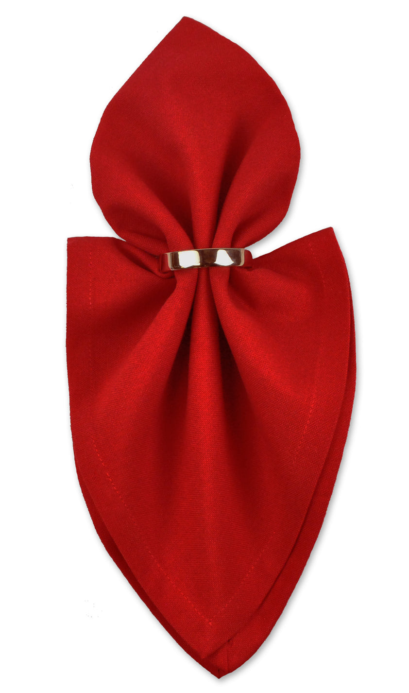 Red folded napkin with a silver ring on a white background.