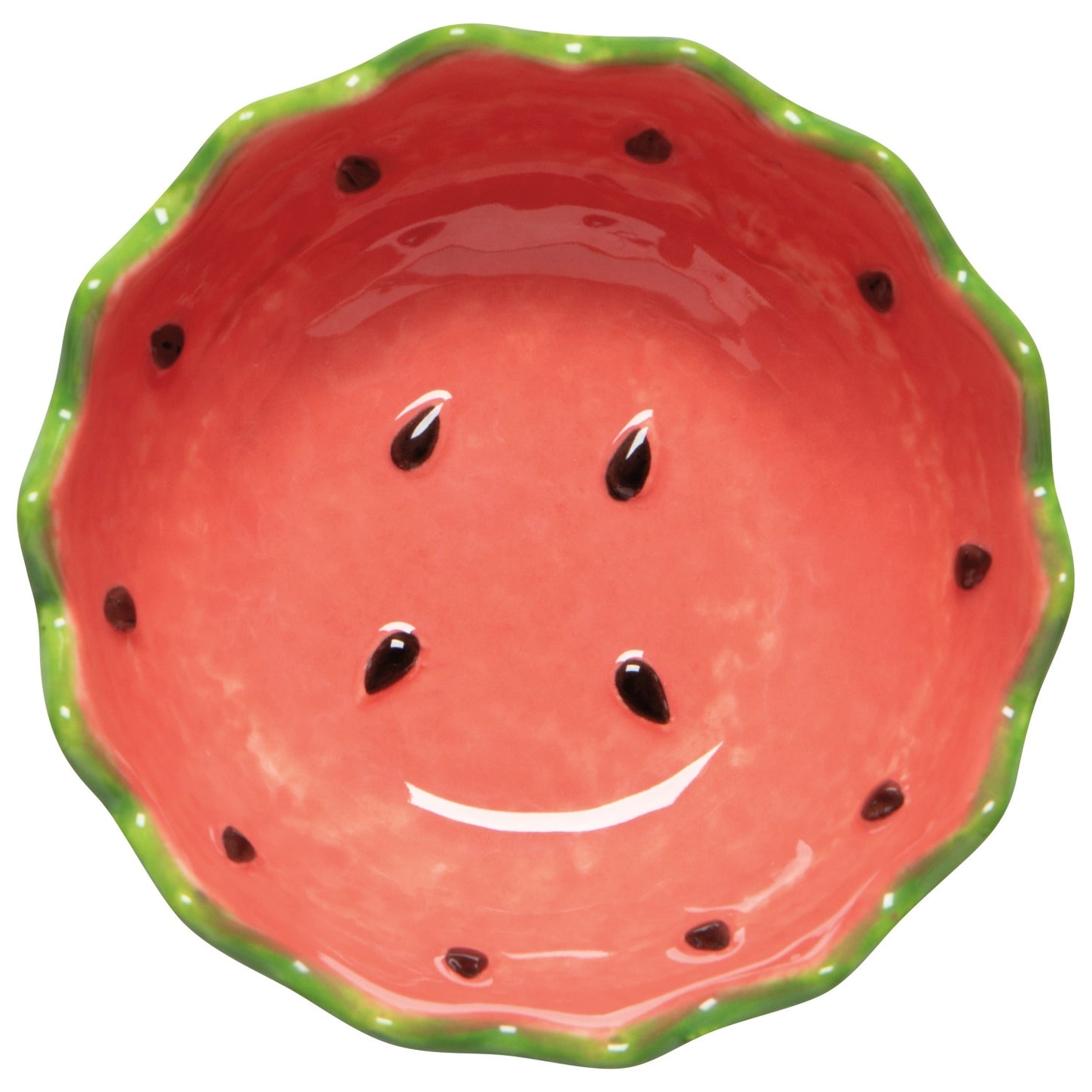 Ceramic bowl designed to look like a watermelon on a white background.