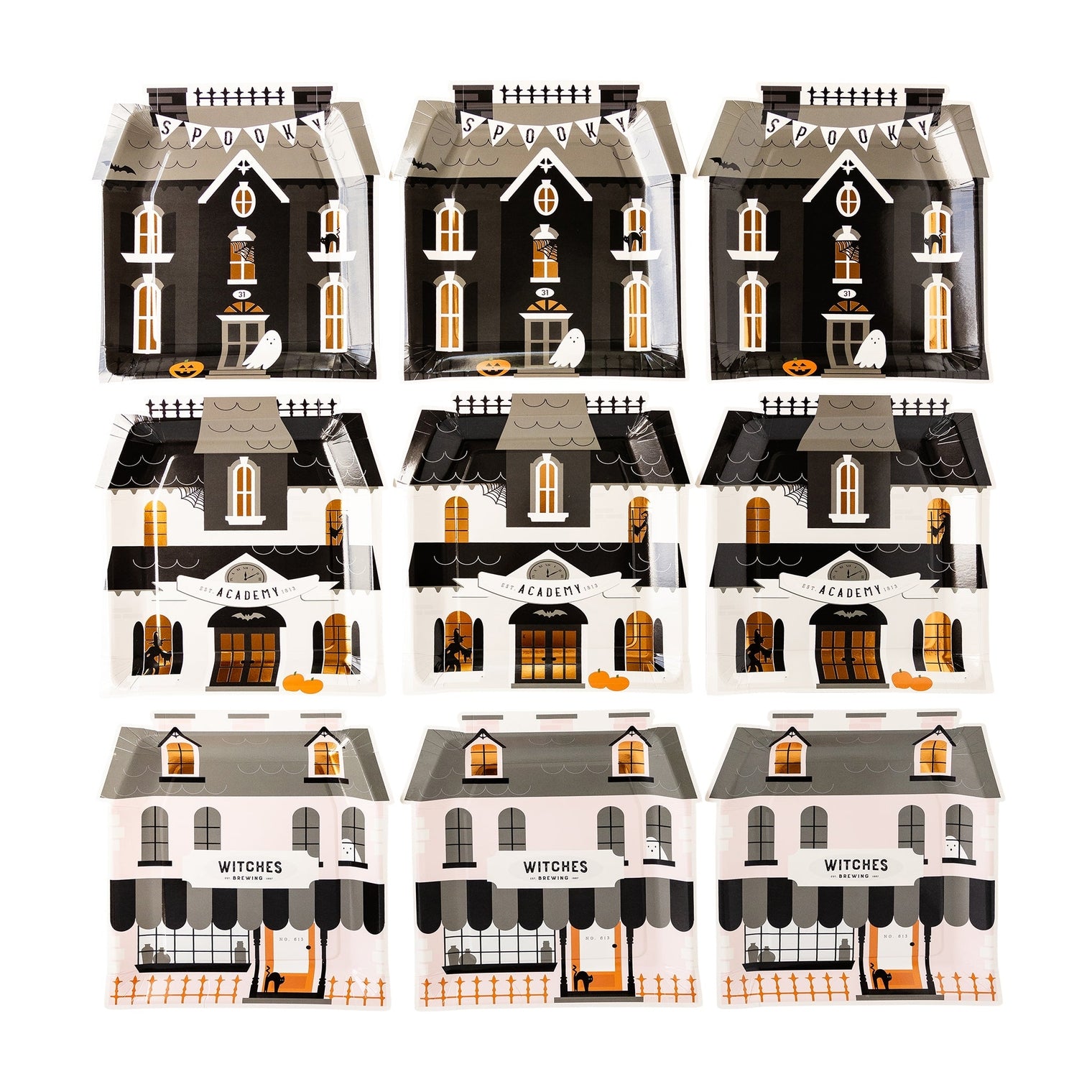 Nine Halloween party plates featuring a spooky haunted house design with &
