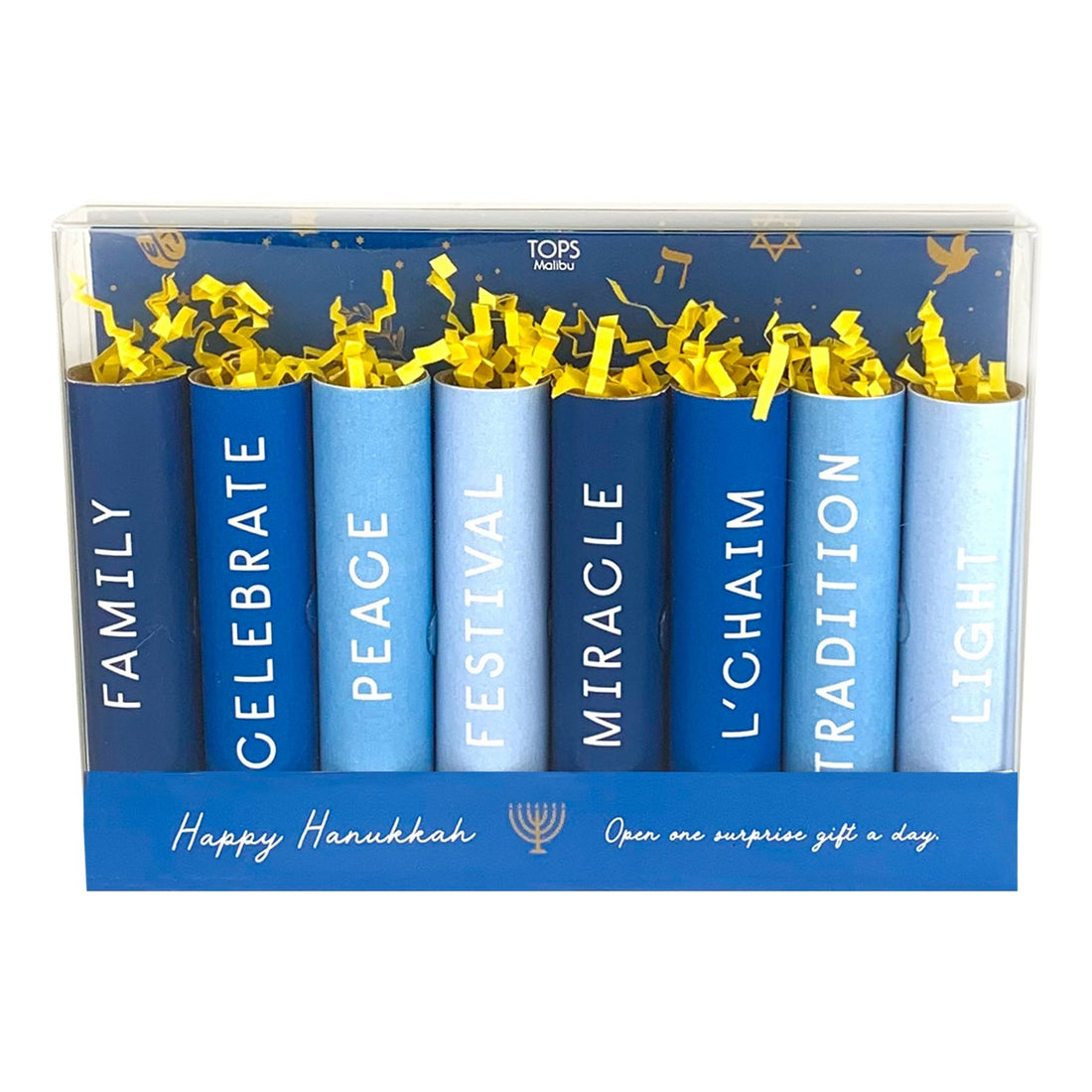 A set of blue Happy Hanukkah Festival of Lights-themed crackers with festive words and decorations in a box, perfect for holiday presents, wishing &quot;Happy Hanukkah. Brand Name: Tops Malibu