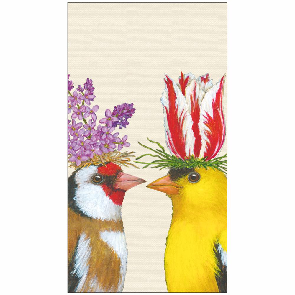 Paper napkins with artwork by Vicki Sawyer featuring two birds facing each other with flowers on their heads.