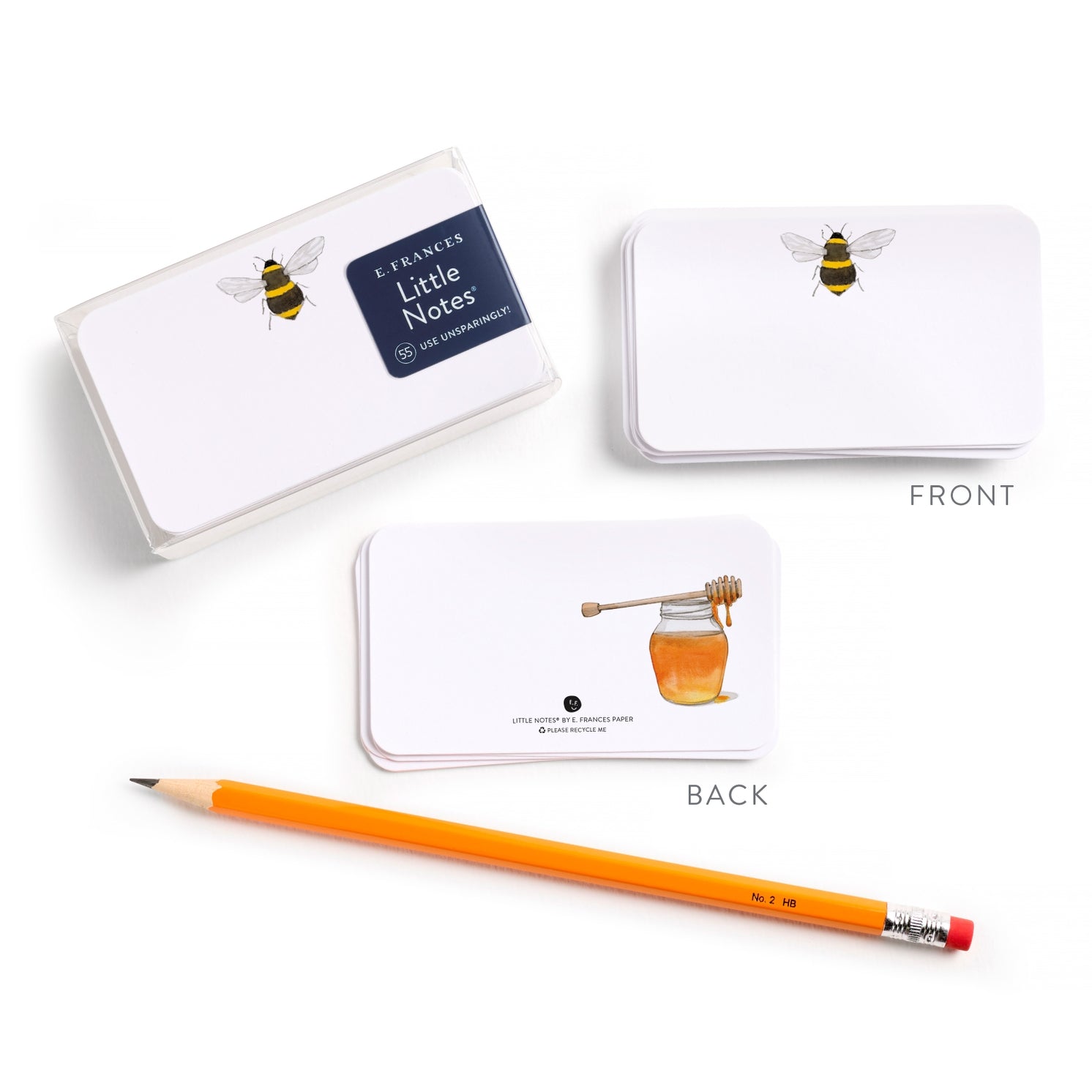 Notecard with bee and honey design, orange pencil on white background