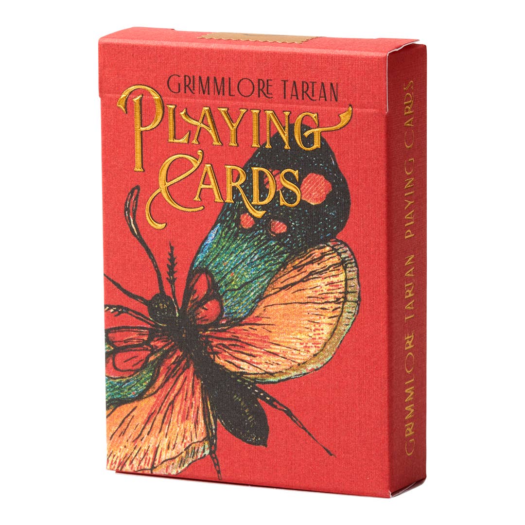 Playing cards box with butterfly illustration on a red background