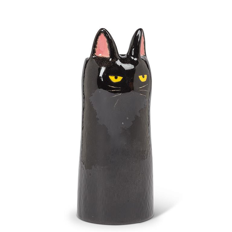Black cat-shaped vase with yellow eyes on a white background