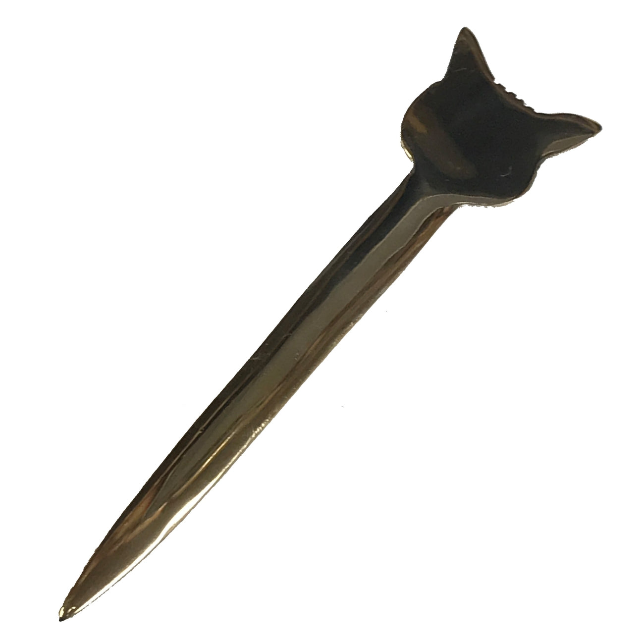 Gold letter opener with fox head design on a white background.