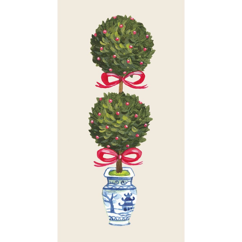 A rectangular guest napkin featuring an illustrated topiary in a decorative pot with a red ribbon on a beige background.