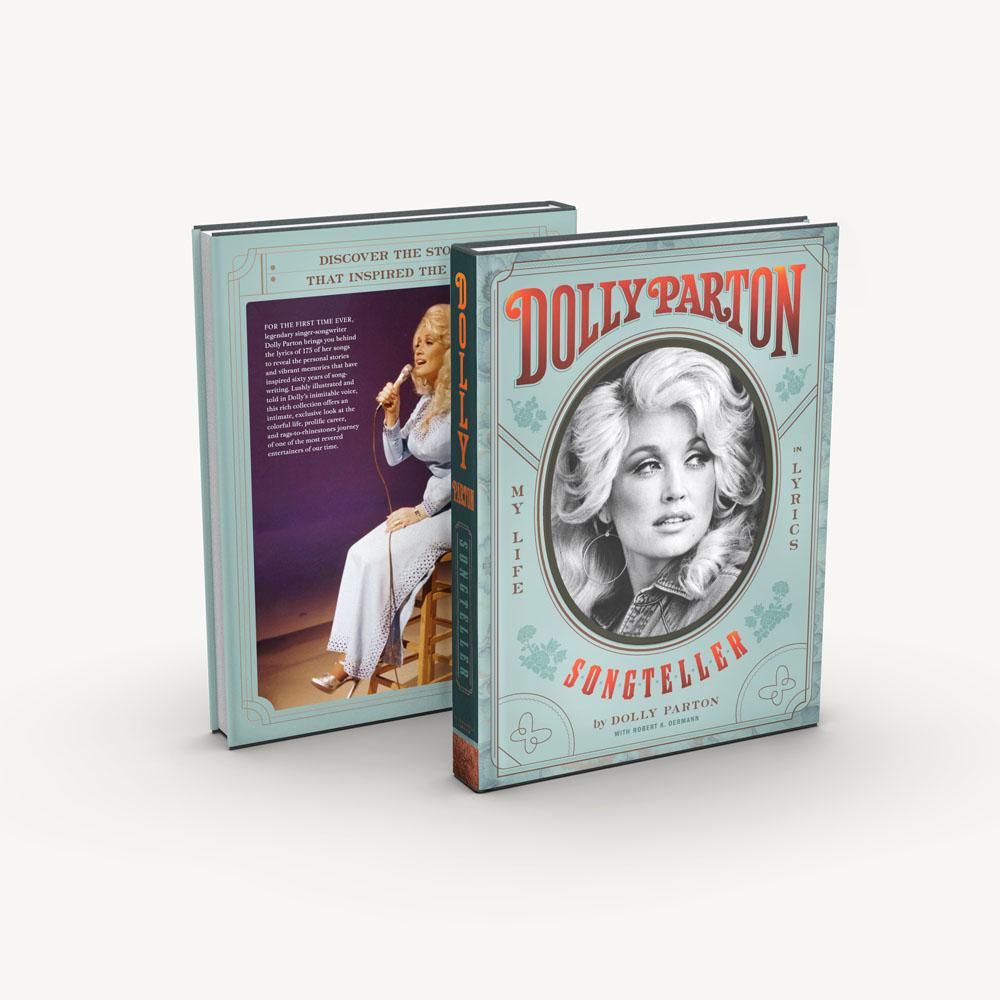 Two hardcover books titled "Songteller: My Life in Lyrics" by Dolly Parton, displayed with the front cover and spine visible, featuring images and text related to Dolly Parton&