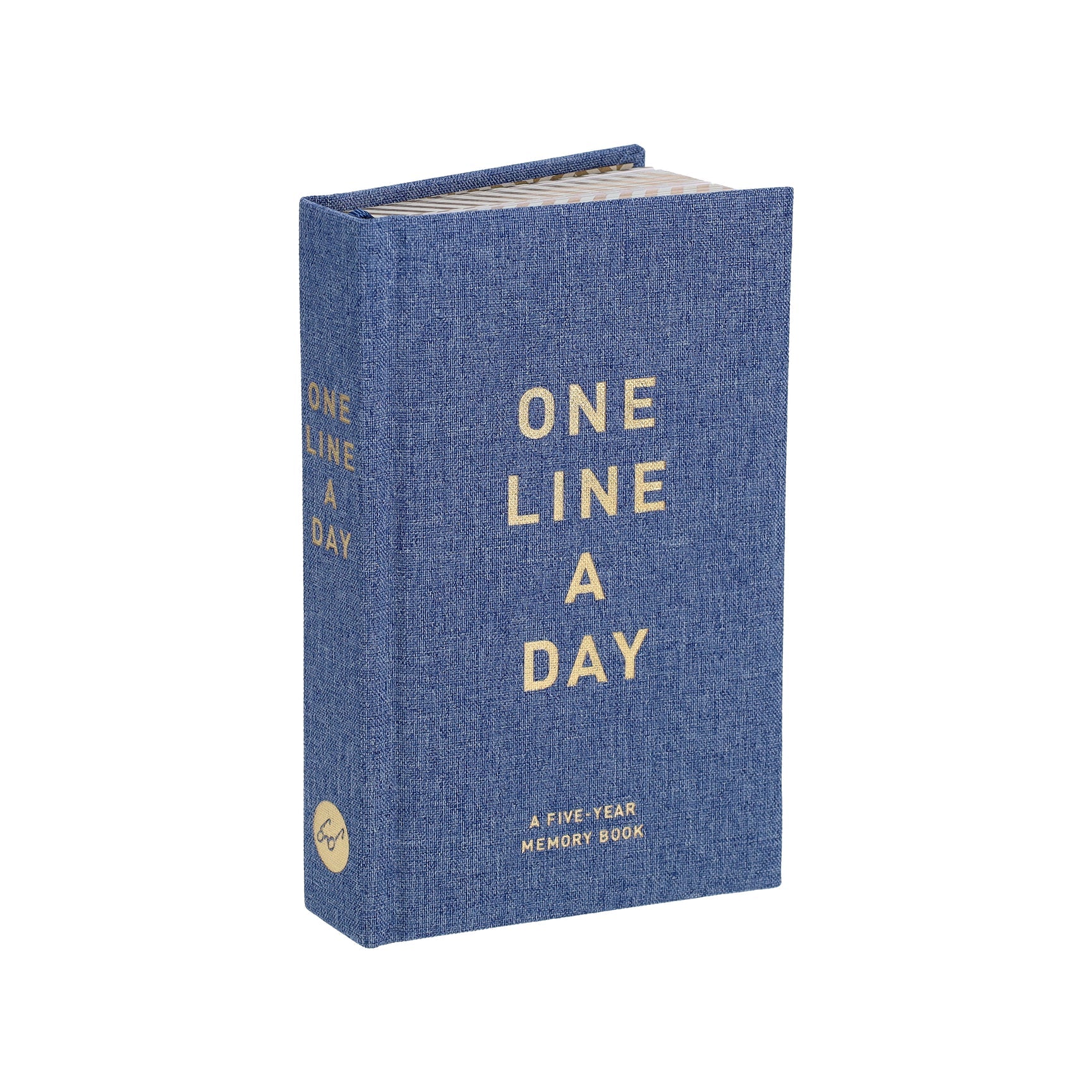 Book with blue denim cover and gilded letters saying "One Line a Day"- a five year memory book.