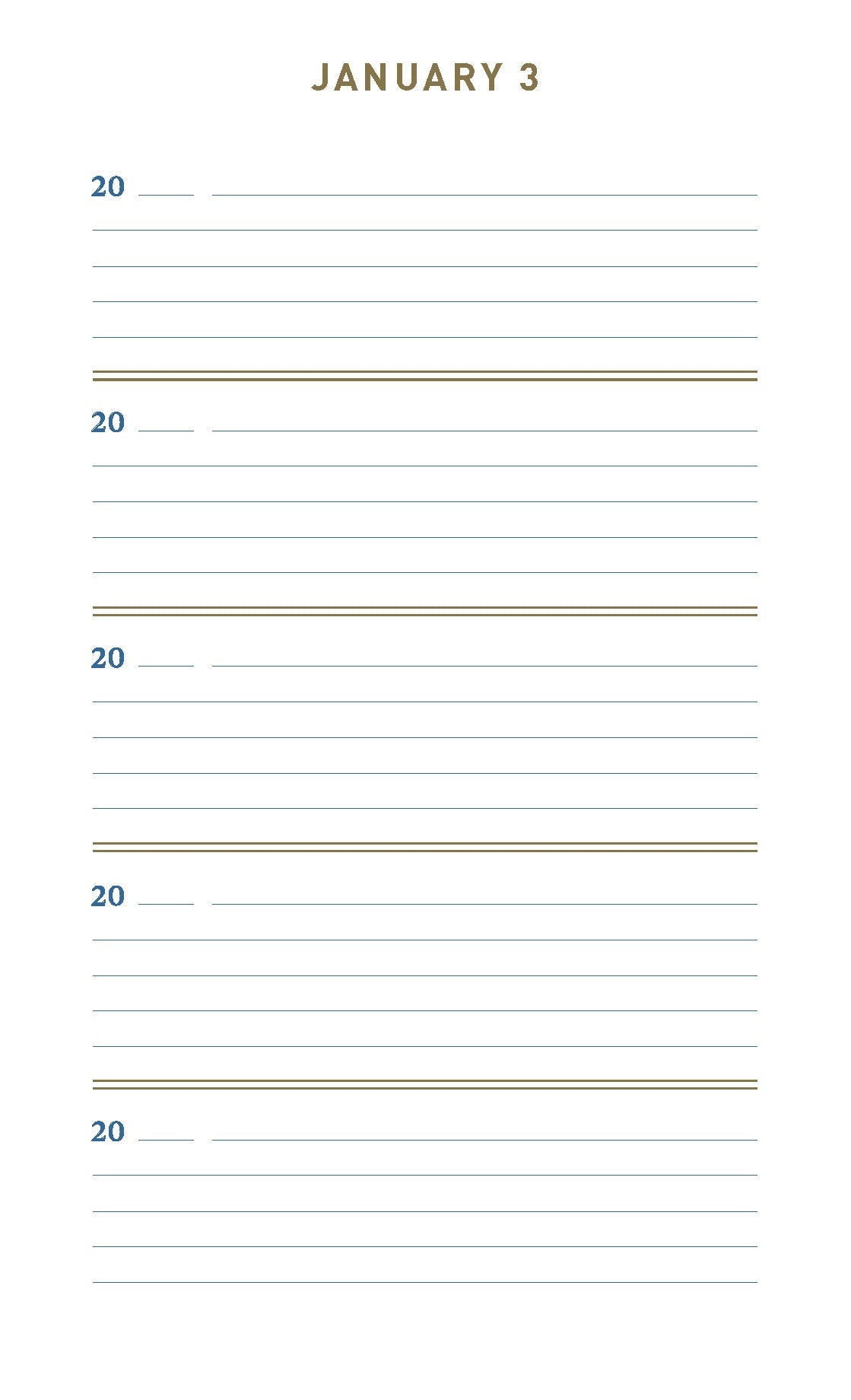 Page from inside book showing a month and day at the top and then along the left side space to write the year.