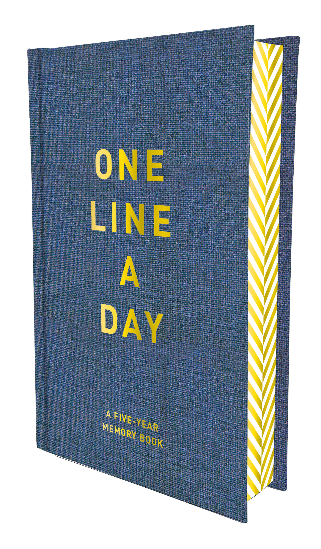 Book with blue denim cover and gilded letters saying "One Line a Day"- a five year memory book.
