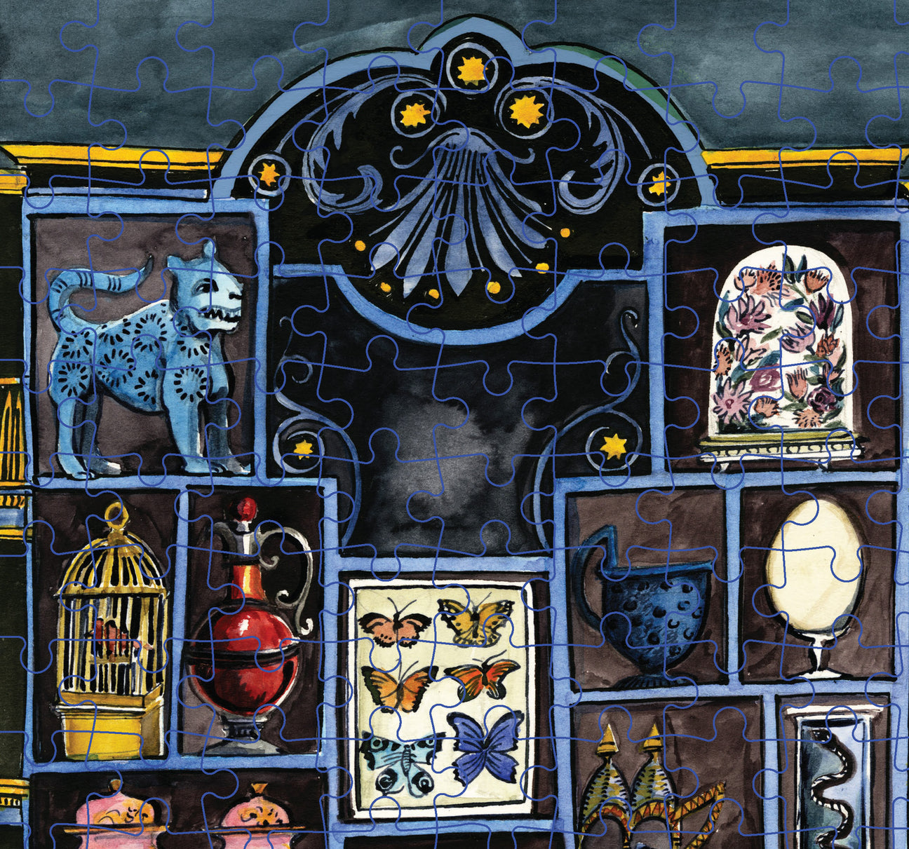 Decorative puzzle with stained glass-style artwork featuring animals, birds, and nature elements.