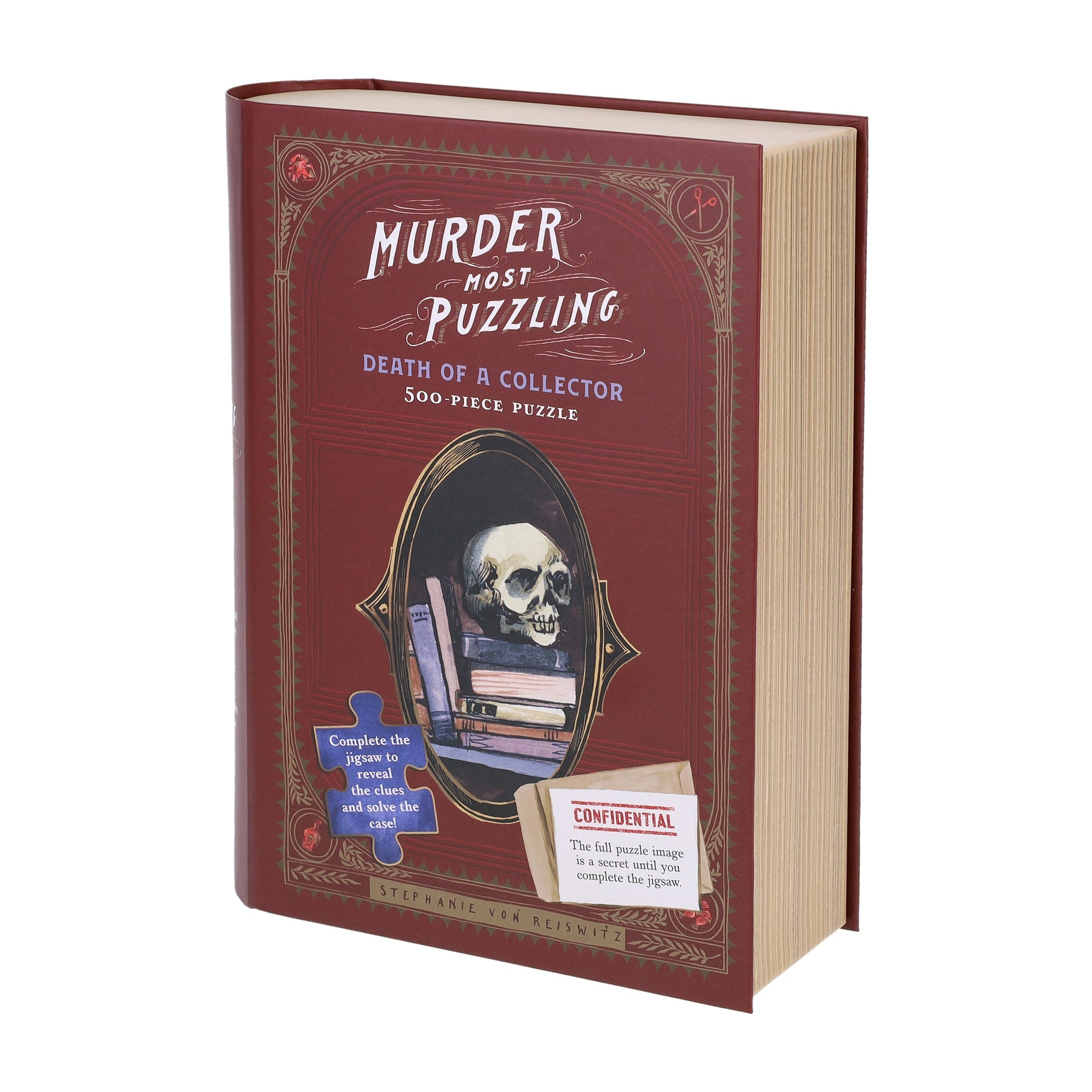 Book-shaped puzzle box with skull design and text on a white background