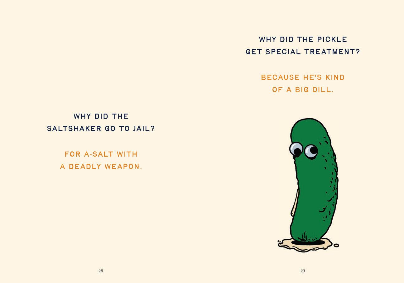 Cartoon pickle with humorous text on a beige background