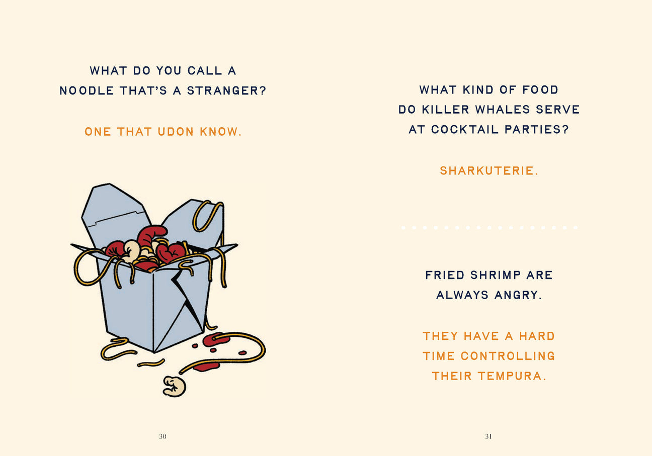 Cartoon box with food items and humorous text on a beige background