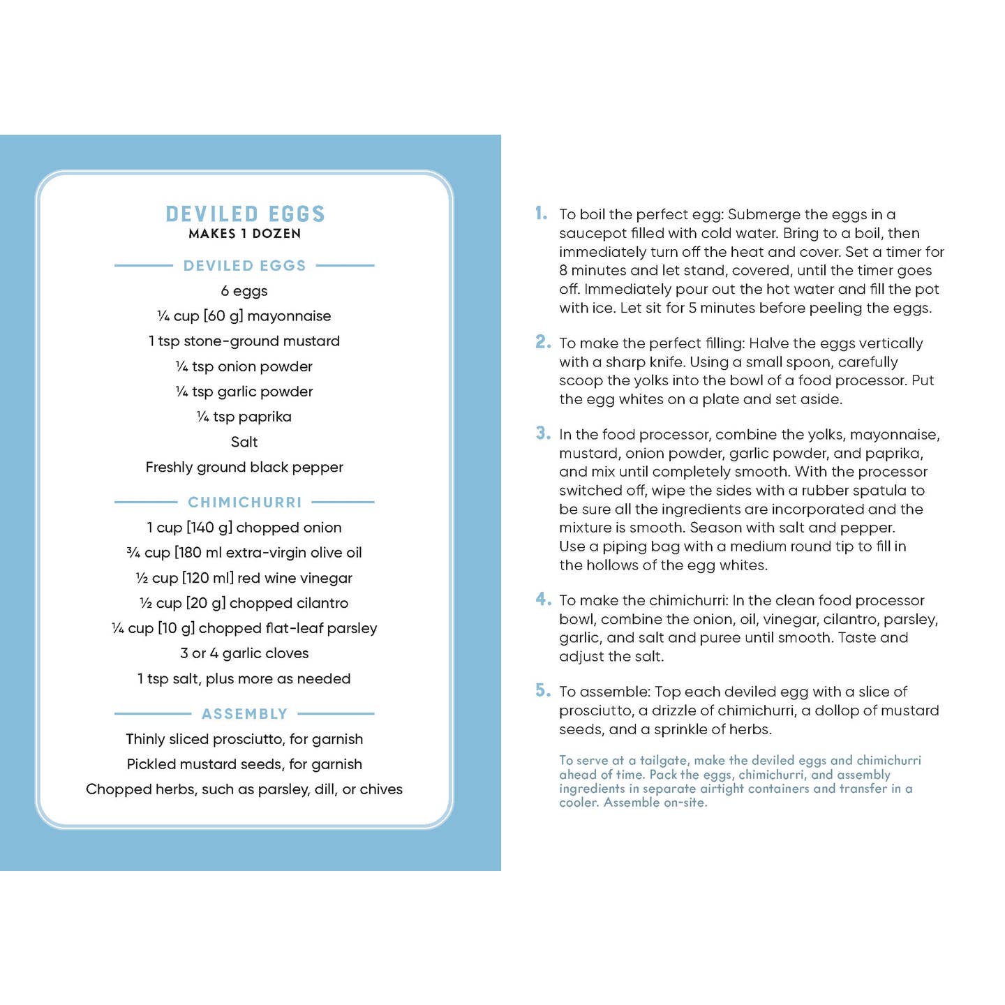 Recipe card for deviled eggs with text and ingredients listed on a white background.